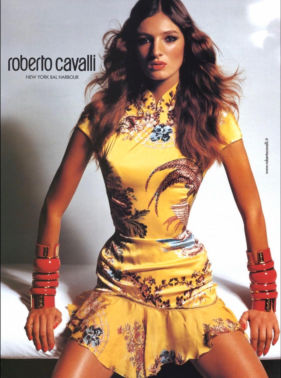 Presenting a pink pheasant print Roberto Cavalli cardigan. From the Spring/Summer 2003 collection, this print first debuted on the season's runway in yellow on look number 11 on Amanda Moore and in the ad campaign on Kamila Szczawińska, shot by
