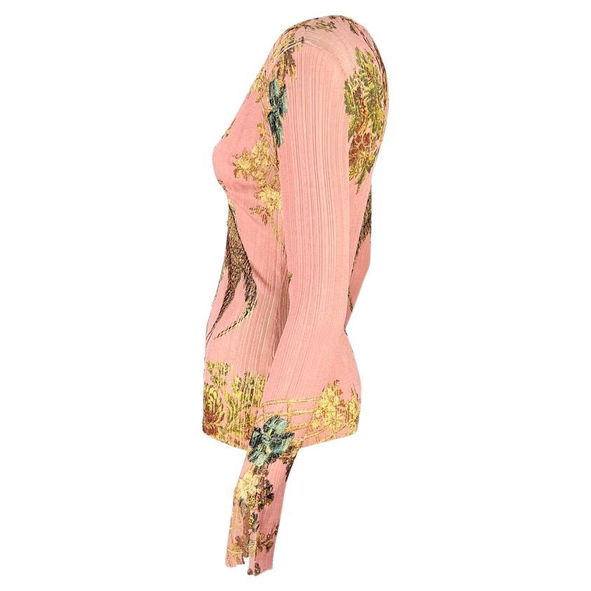 Beige S/S 2003 Roberto Cavalli Pink Chinoiserie Printed Stretch Cardigan Sheer Top For Sale