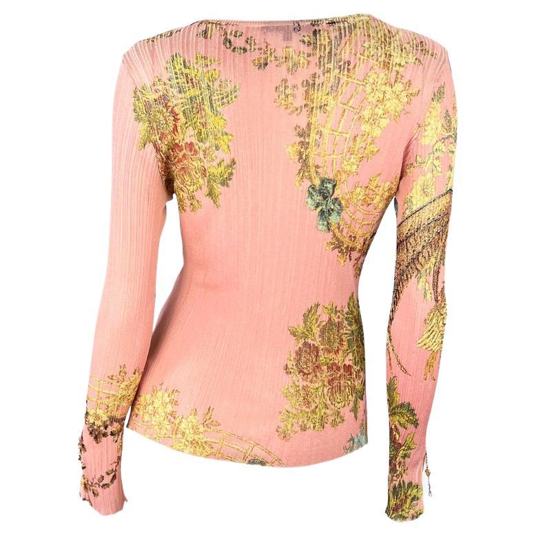S/S 2003 Roberto Cavalli Pink Chinoiserie Printed Stretch Cardigan Sheer Top In Excellent Condition For Sale In West Hollywood, CA