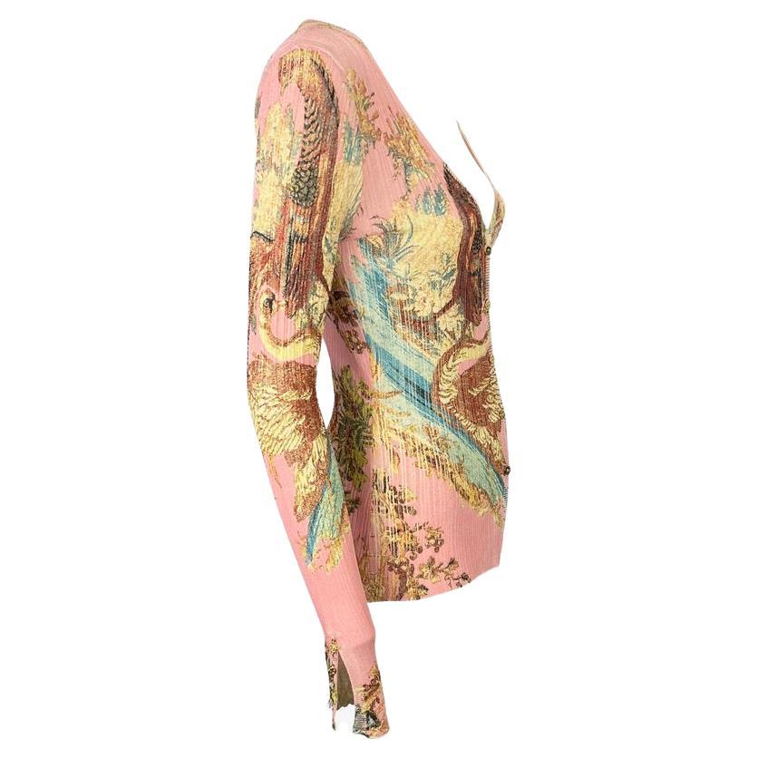 Women's S/S 2003 Roberto Cavalli Pink Chinoiserie Printed Stretch Cardigan Sheer Top For Sale