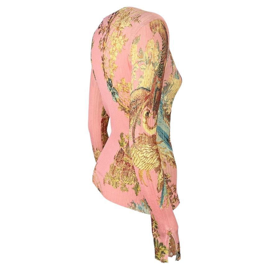 S/S 2003 Roberto Cavalli Pink Chinoiserie Printed Stretch Cardigan Sheer Top For Sale 1