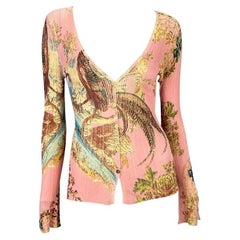 S/S 2003 Roberto Cavalli Pink Chinoiserie Printed Stretch Cardigan Sheer Top