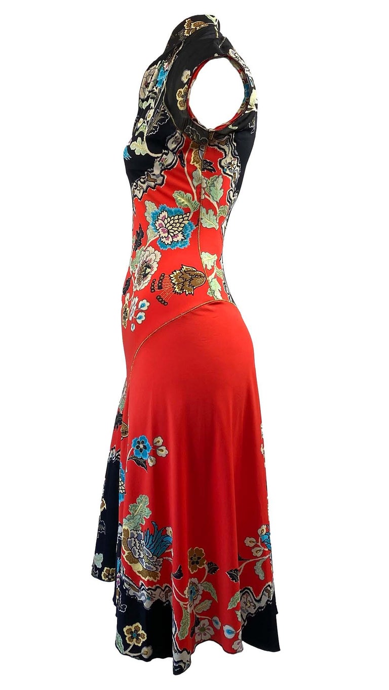 Brown S/S 2003 Roberto Cavalli Red Chinoiserie Asian Print Cheongsam Floral Dress For Sale