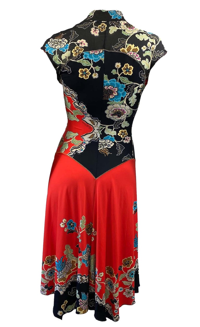 Women's S/S 2003 Roberto Cavalli Red Chinoiserie Asian Print Cheongsam Floral Dress For Sale