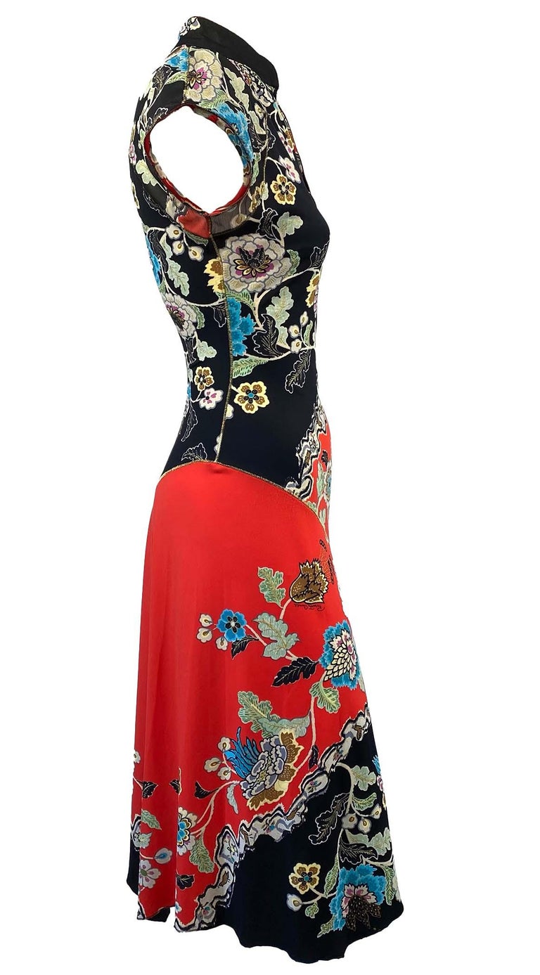 S/S 2003 Roberto Cavalli Red Chinoiserie Asian Print Cheongsam Floral Dress For Sale 2