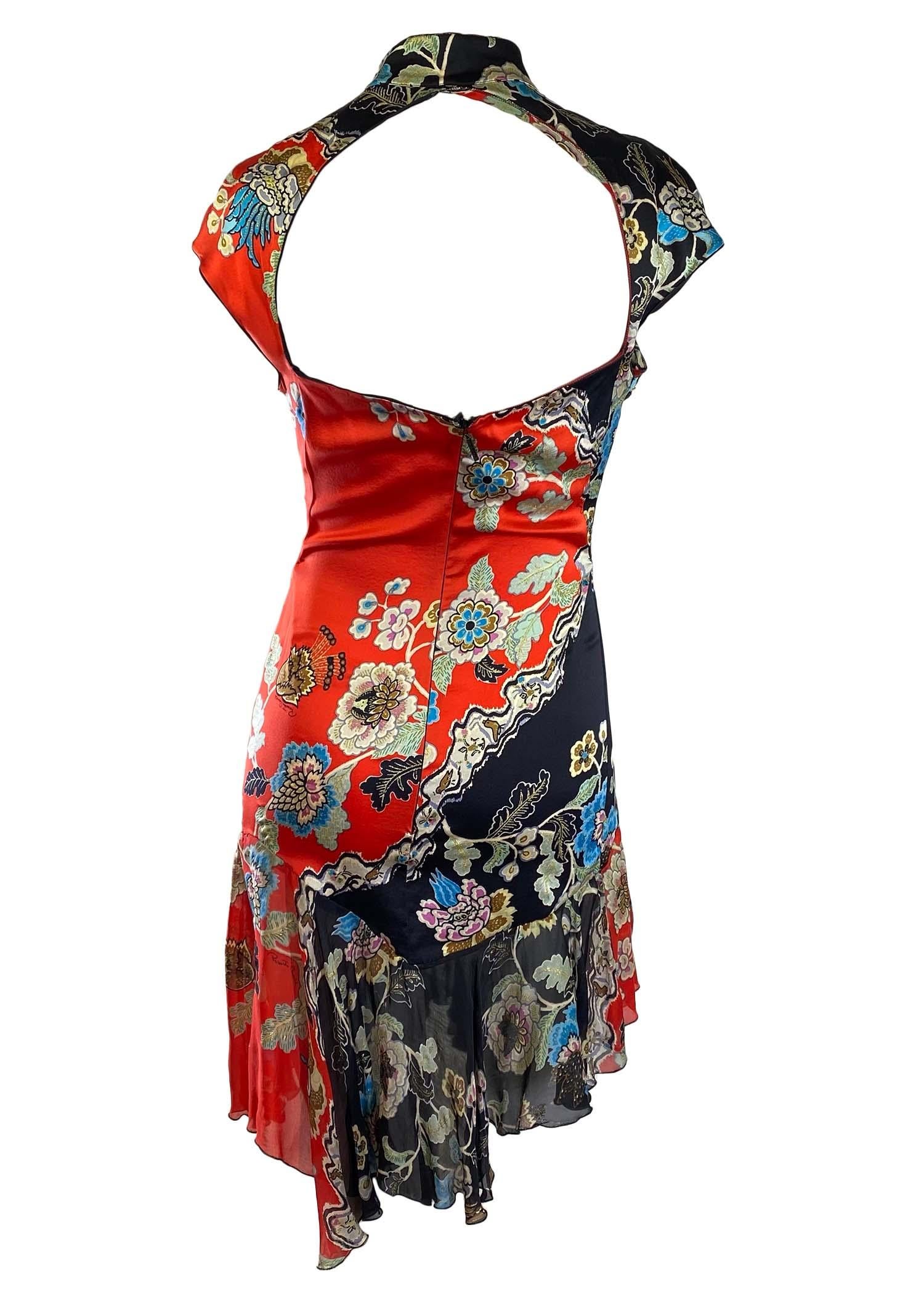 Brown S/S 2003 Roberto Cavalli Red Chinoiserie Cheongsam Cap Sleeve Dress Backless For Sale