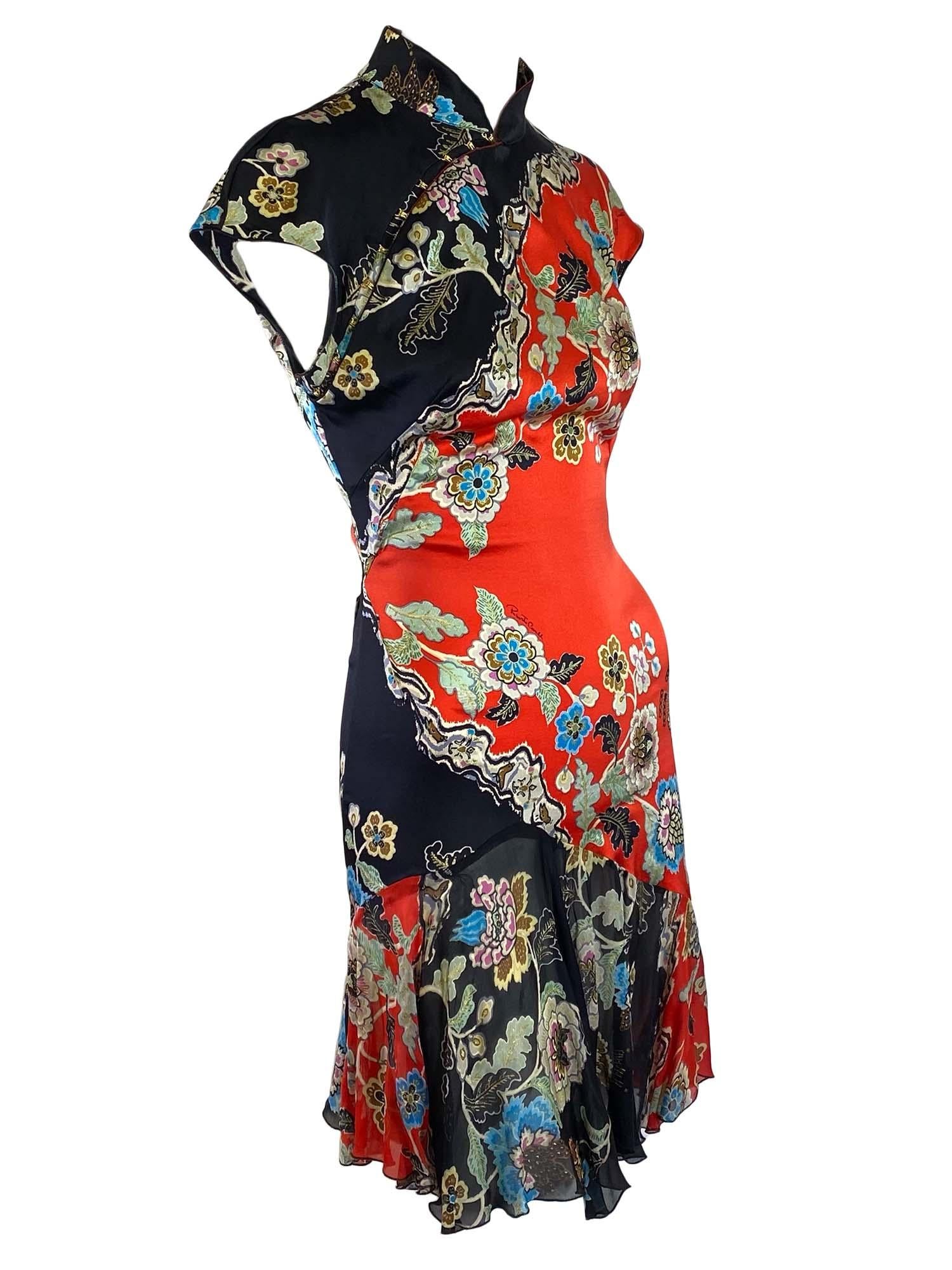 S/S 2003 Roberto Cavalli Red Chinoiserie Cheongsam Cap Sleeve Dress Backless In Excellent Condition For Sale In West Hollywood, CA