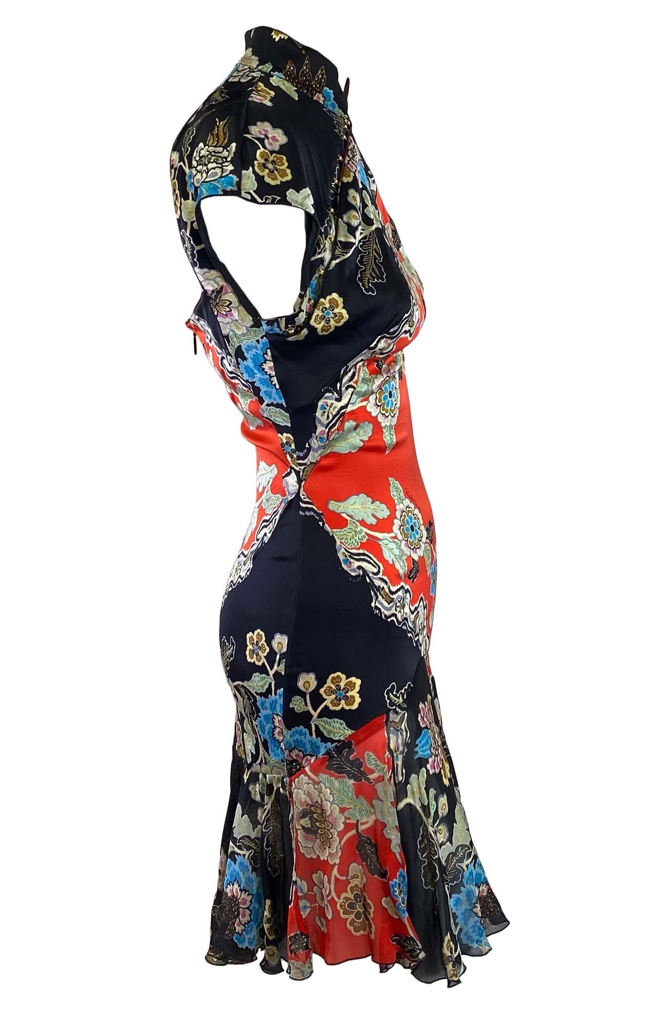 Women's S/S 2003 Roberto Cavalli Red Chinoiserie Cheongsam Cap Sleeve Dress Backless