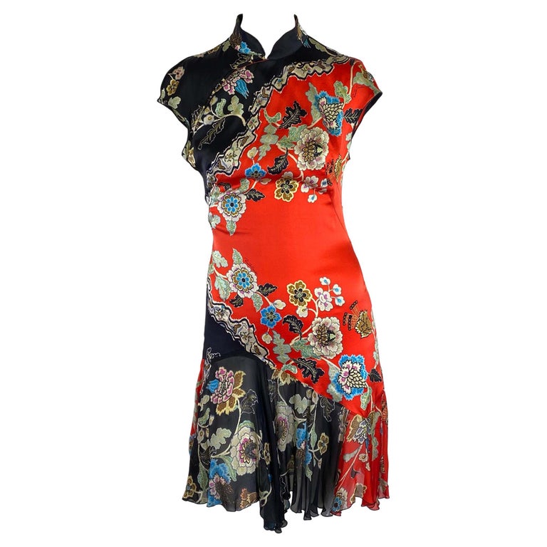 S/S 2003 Roberto Cavalli Red Chinoiserie Cheongsam Cap Sleeve Dress  Backless For Sale at 1stDibs