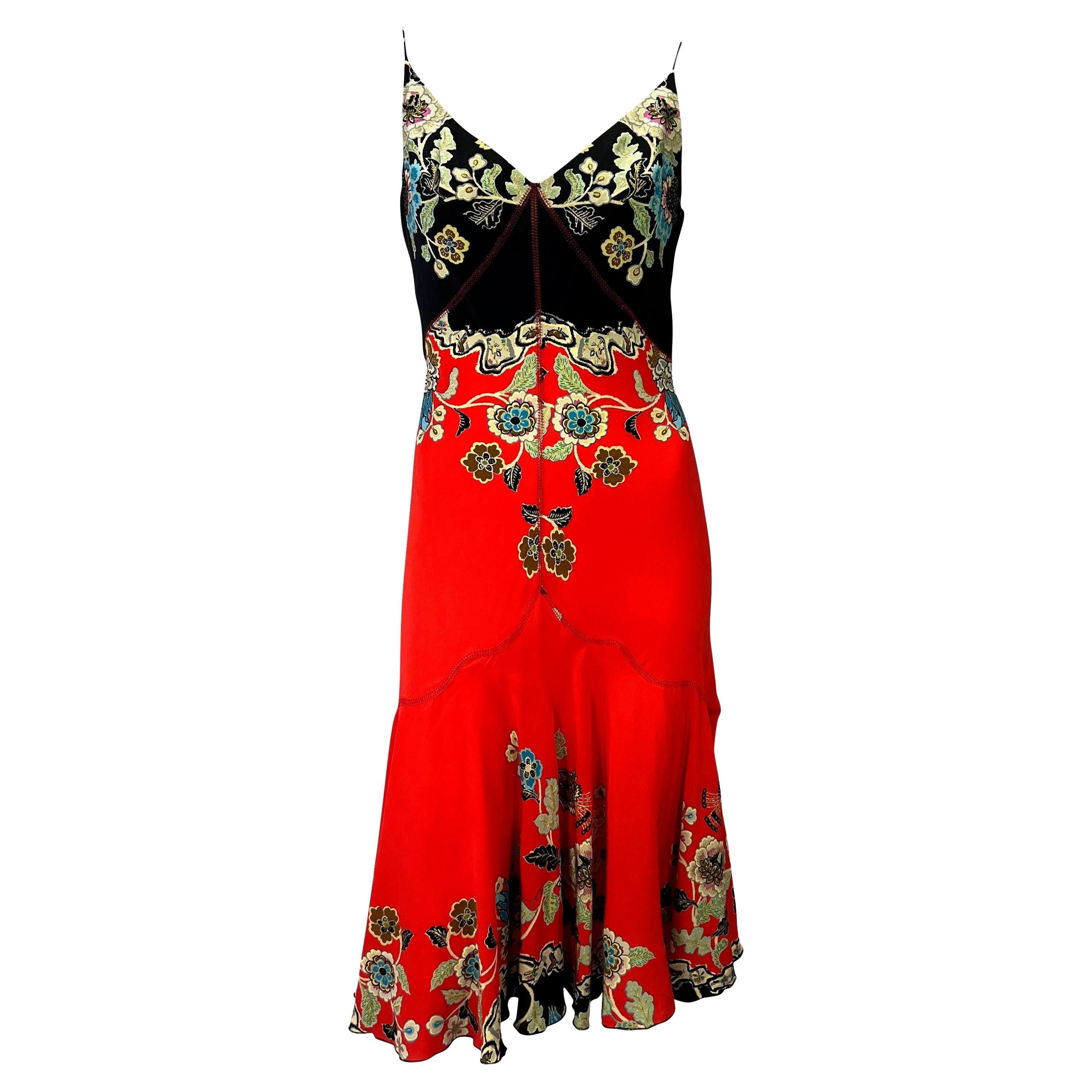 S/S 2003 Roberto Cavalli Red Chinoiserie Print Silk Slip Dress For Sale