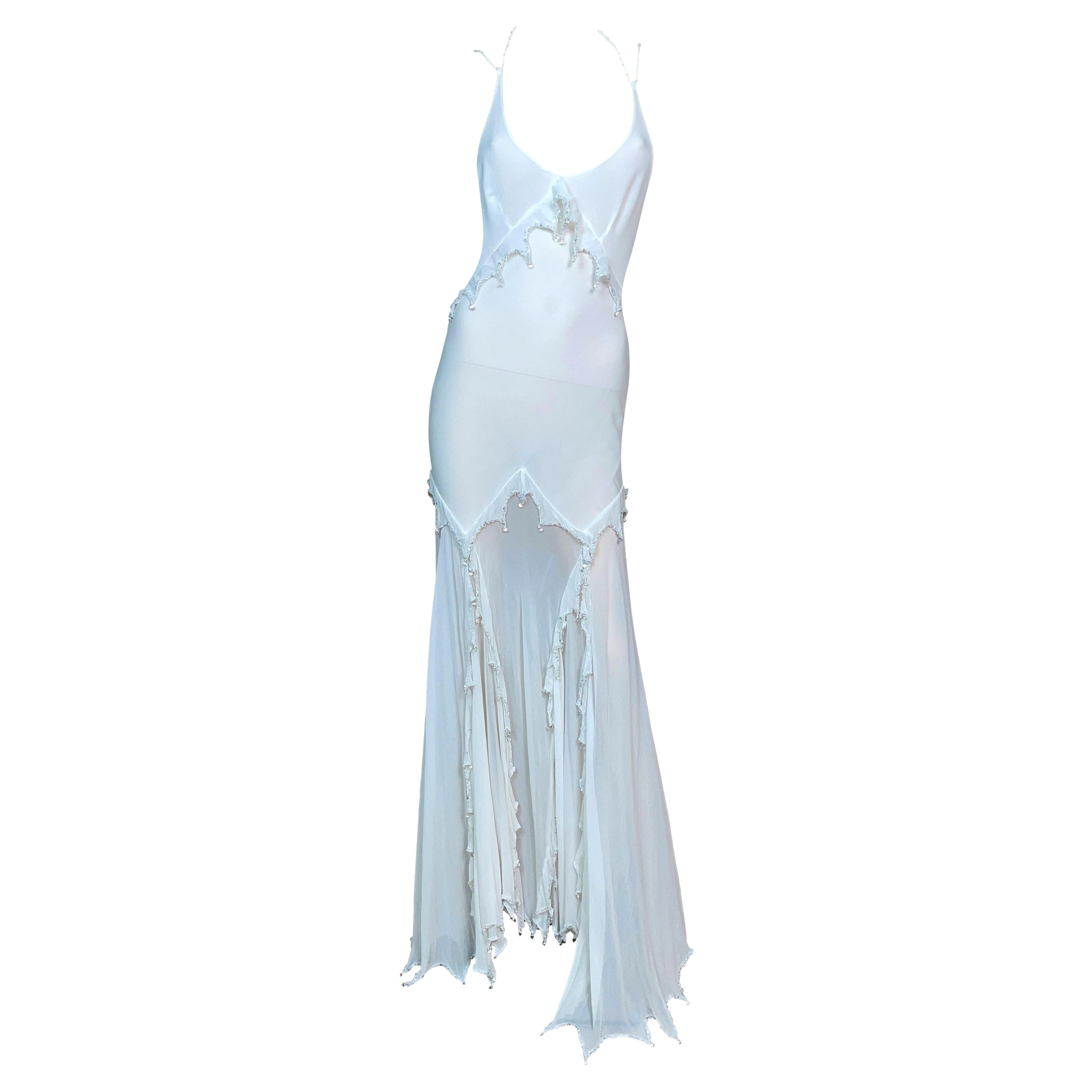 S/S 2003 Roberto Cavalli Maxi Vestido Gitano de Cuentas Marfil Transparente