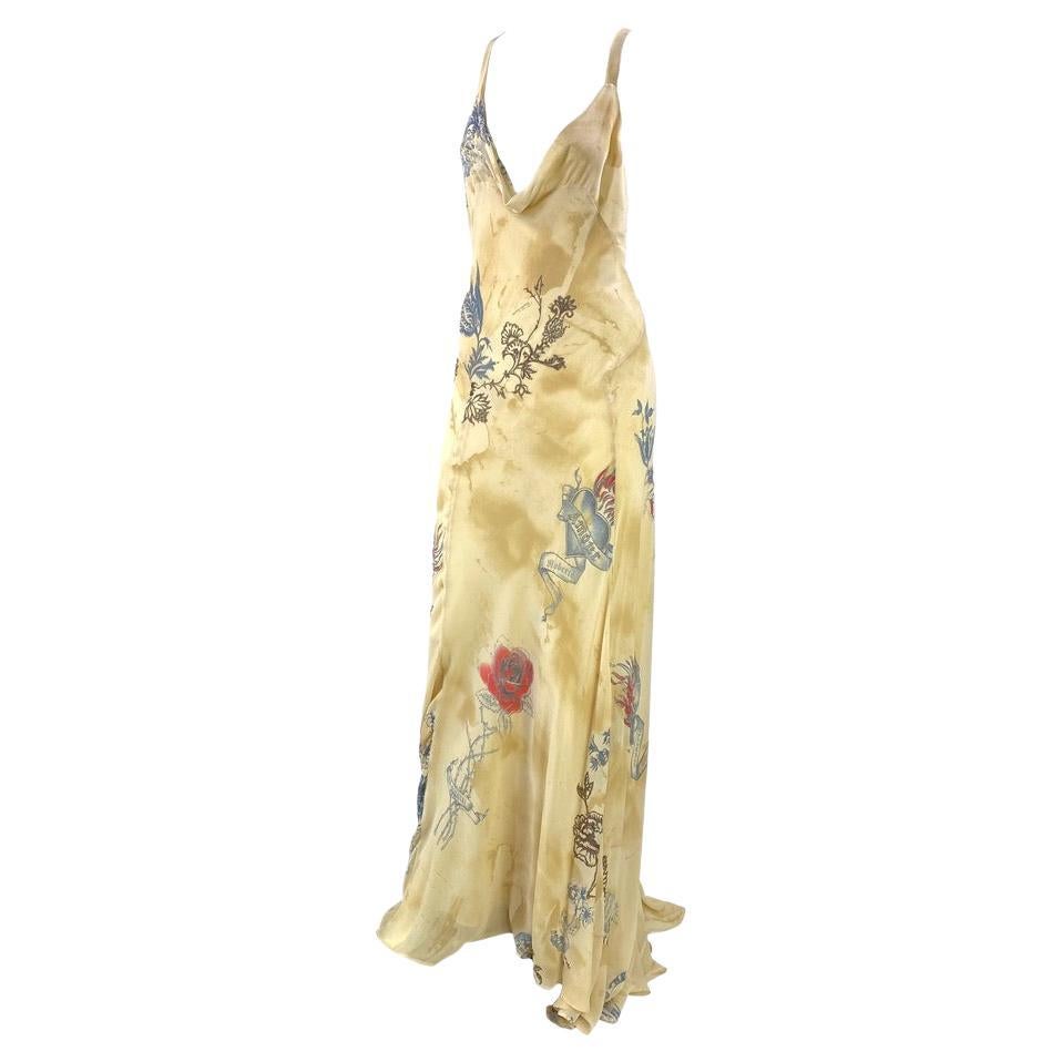 S/S 2003 Roberto Cavalli Tattoo Print Backless Chiffon Gown For Sale