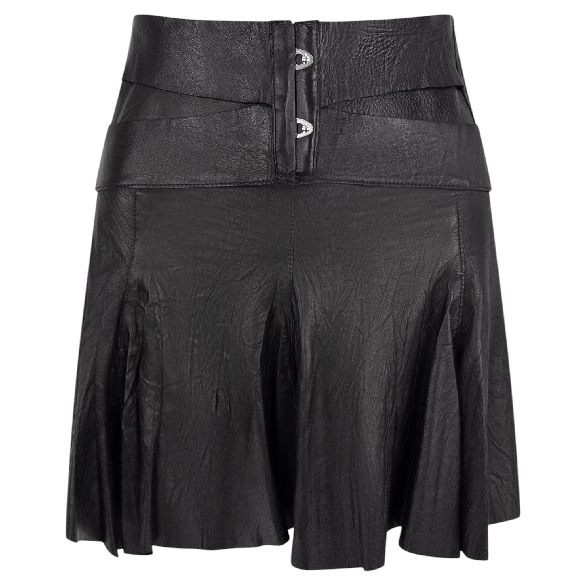 Pre-owned Roberto Cavalli S/s 2003  Wrinkled Black Leather Bandage Flare Mini Skirt M
