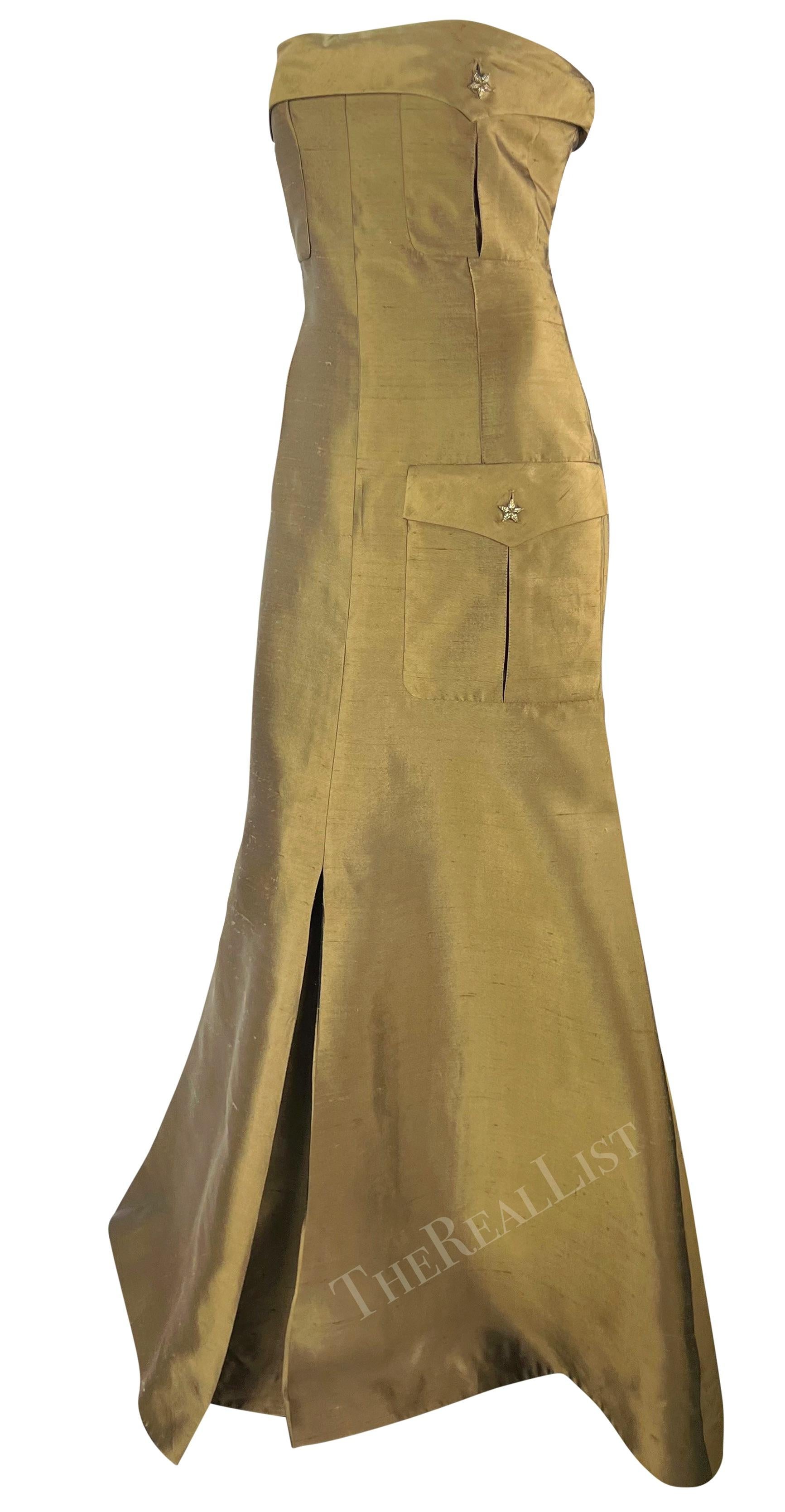 S/S 2003 Valentino Garavani Runway Olive Green Silk Cargo Pocket Strapless Gown 1