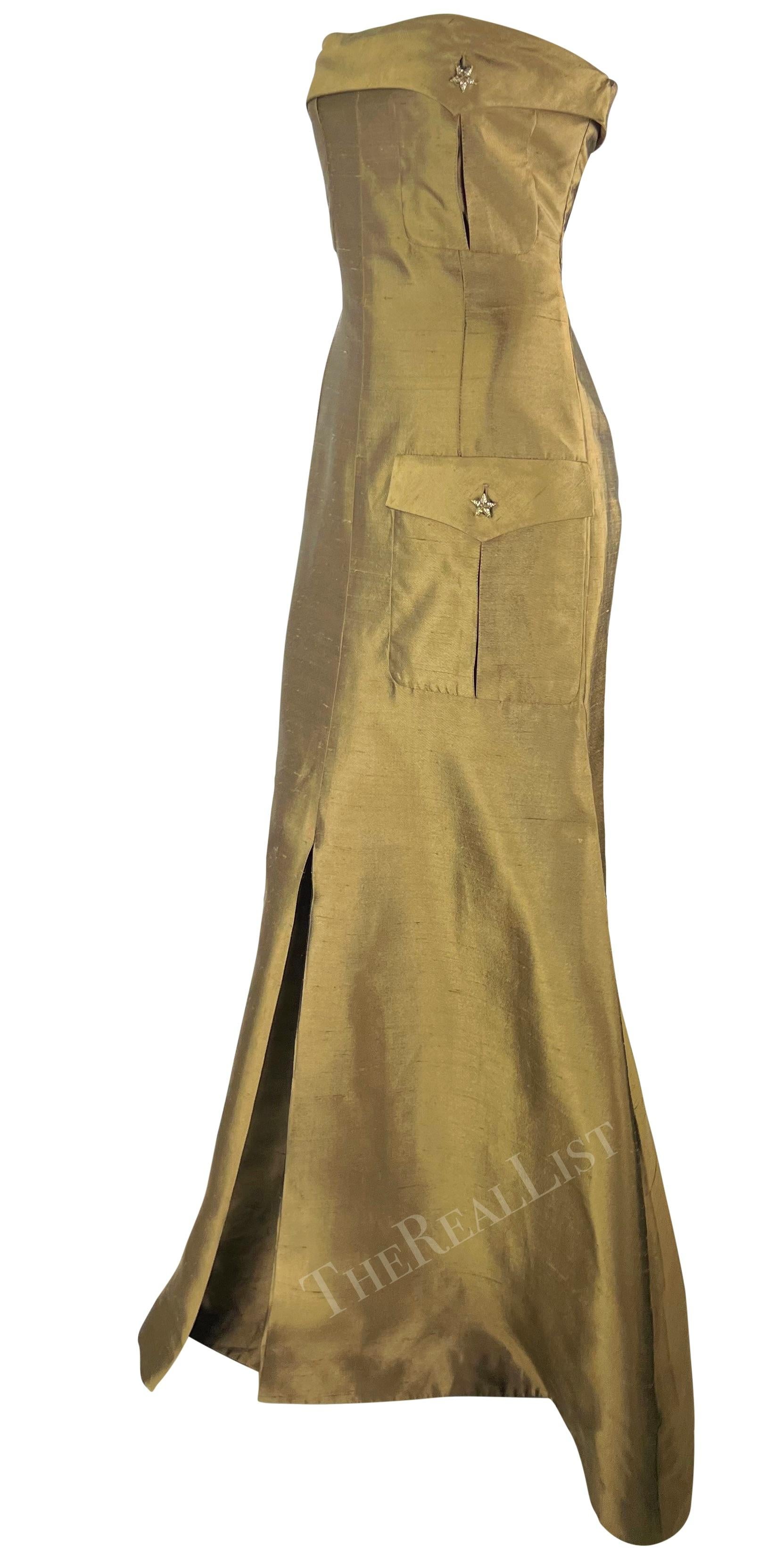 S/S 2003 Valentino Garavani Runway Olive Green Silk Cargo Pocket Strapless Gown 3