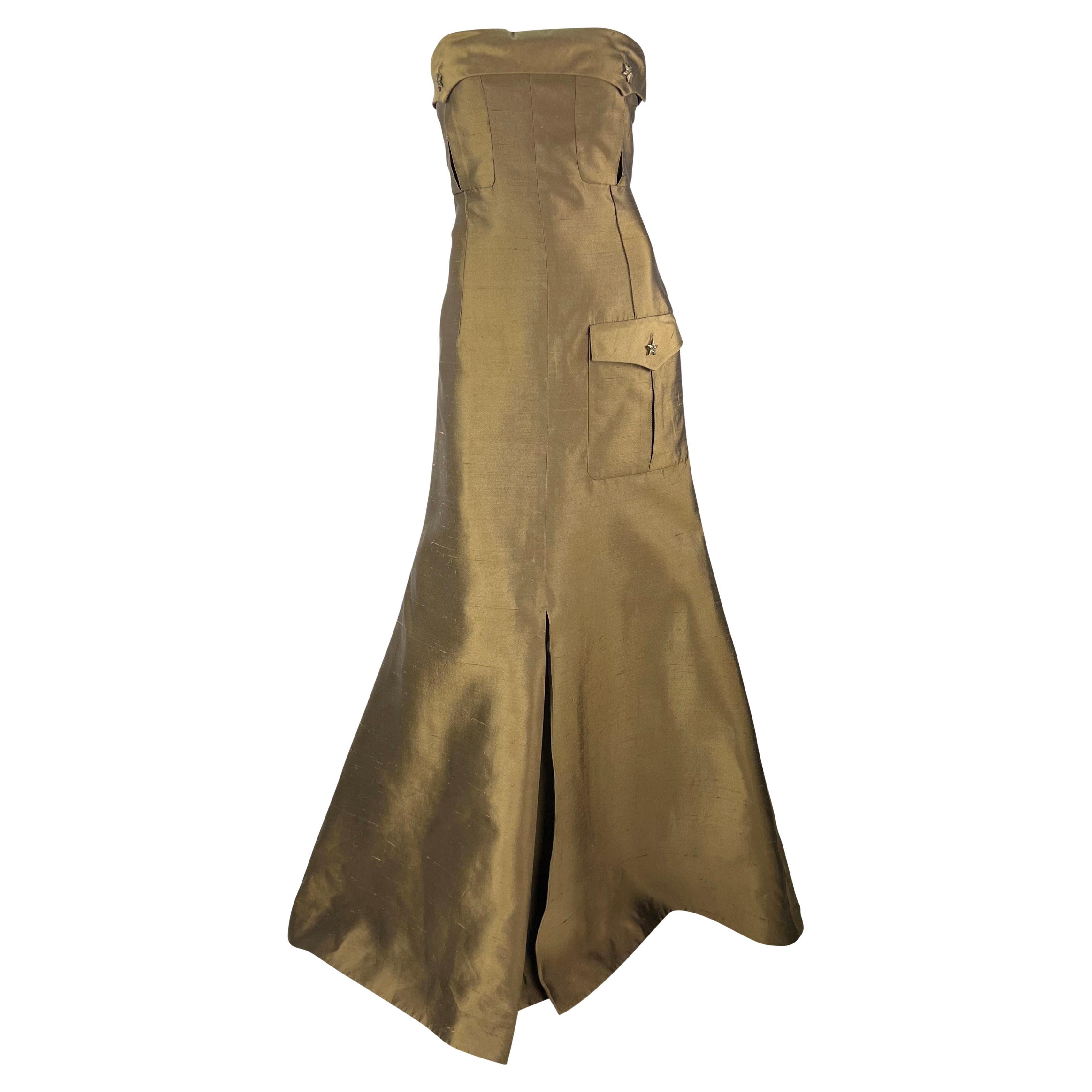 S/S 2003 Valentino Garavani Runway Olive Green Silk Cargo Pocket Strapless Gown