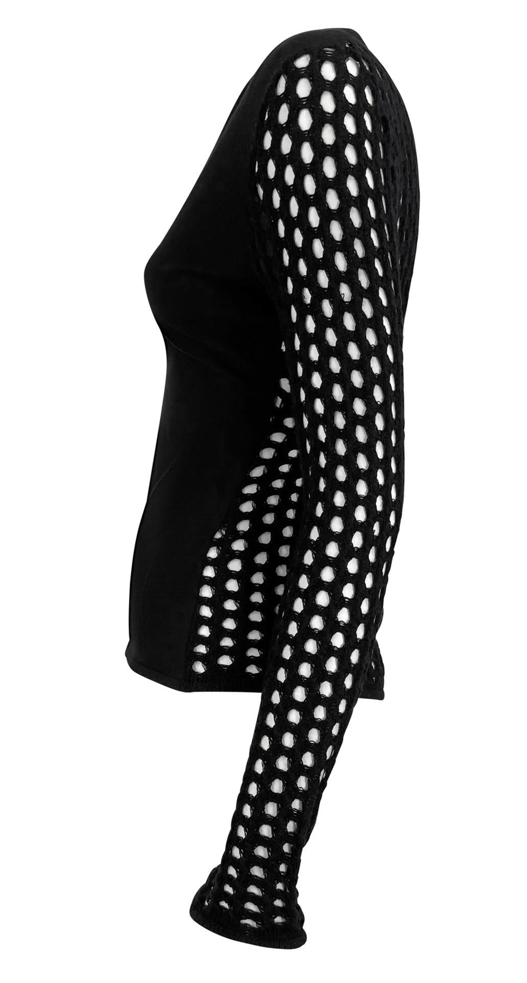 S/S 2003 Versace by Donatella Knit Black Fishnet V-Neck Sheer Sweater Top In Excellent Condition For Sale In West Hollywood, CA