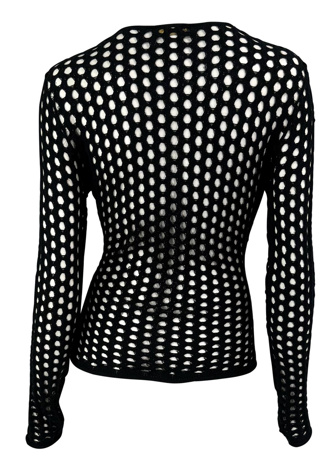 Women's S/S 2003 Versace by Donatella Knit Black Fishnet V-Neck Sheer Sweater Top For Sale