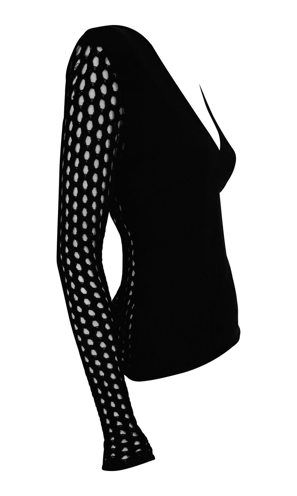 S/S 2003 Versace by Donatella Knit Black Fishnet V-Neck Sheer Sweater Top For Sale 1