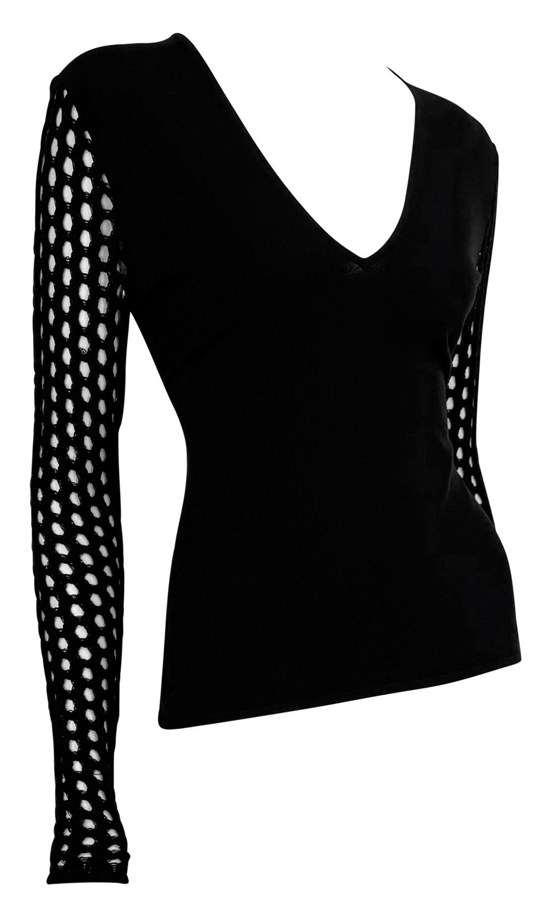 S/S 2003 Versace by Donatella Knit Black Fishnet V-Neck Sheer Sweater Top For Sale 2