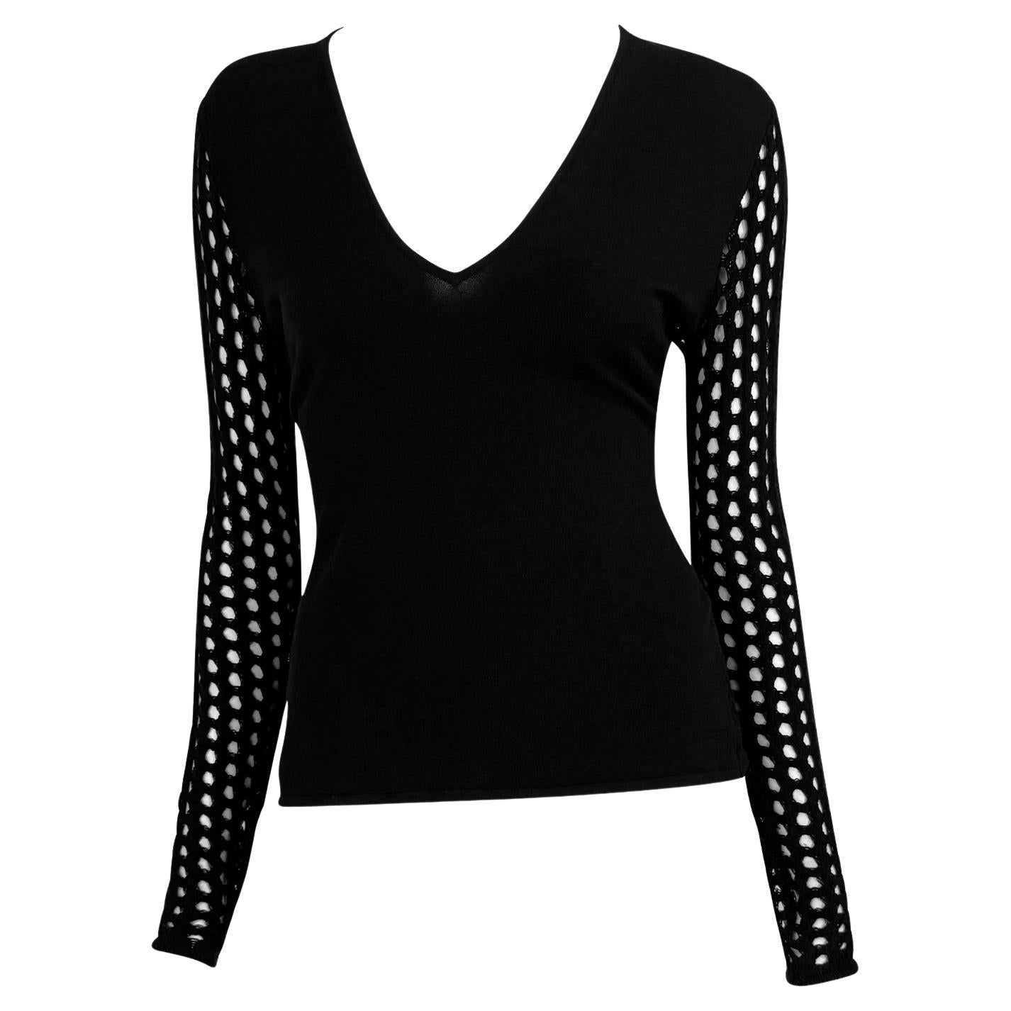 S/S 2003 Versace by Donatella Knit Black Fishnet V-Neck Sheer Sweater Top For Sale