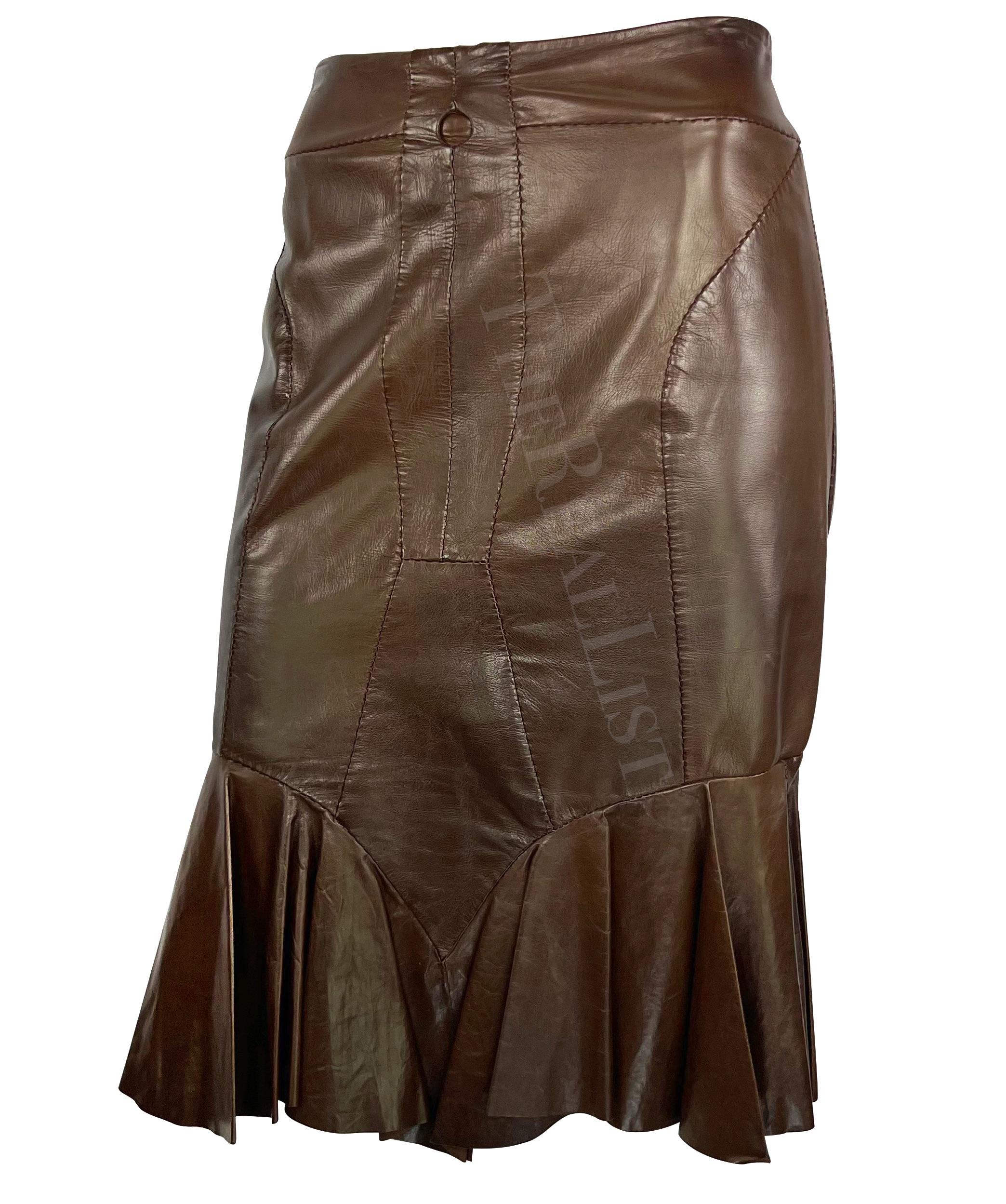 S/S 2003 Yves Saint Laurent by Tom Ford Anatomic Brown Leather Ruffle Skirt In Good Condition For Sale In West Hollywood, CA