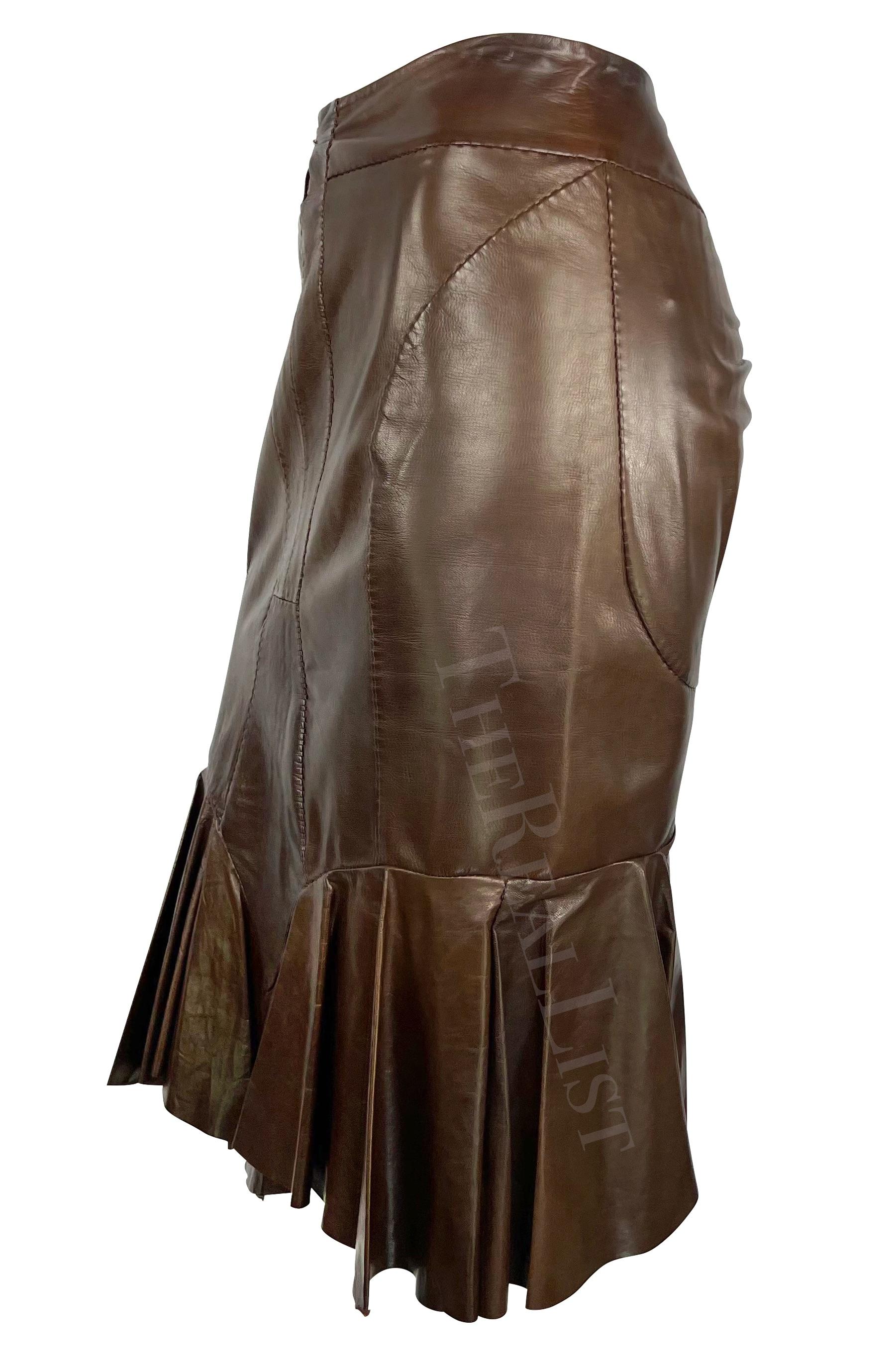 S/S 2003 Yves Saint Laurent by Tom Ford Anatomic Brown Leather Ruffle Skirt For Sale 1
