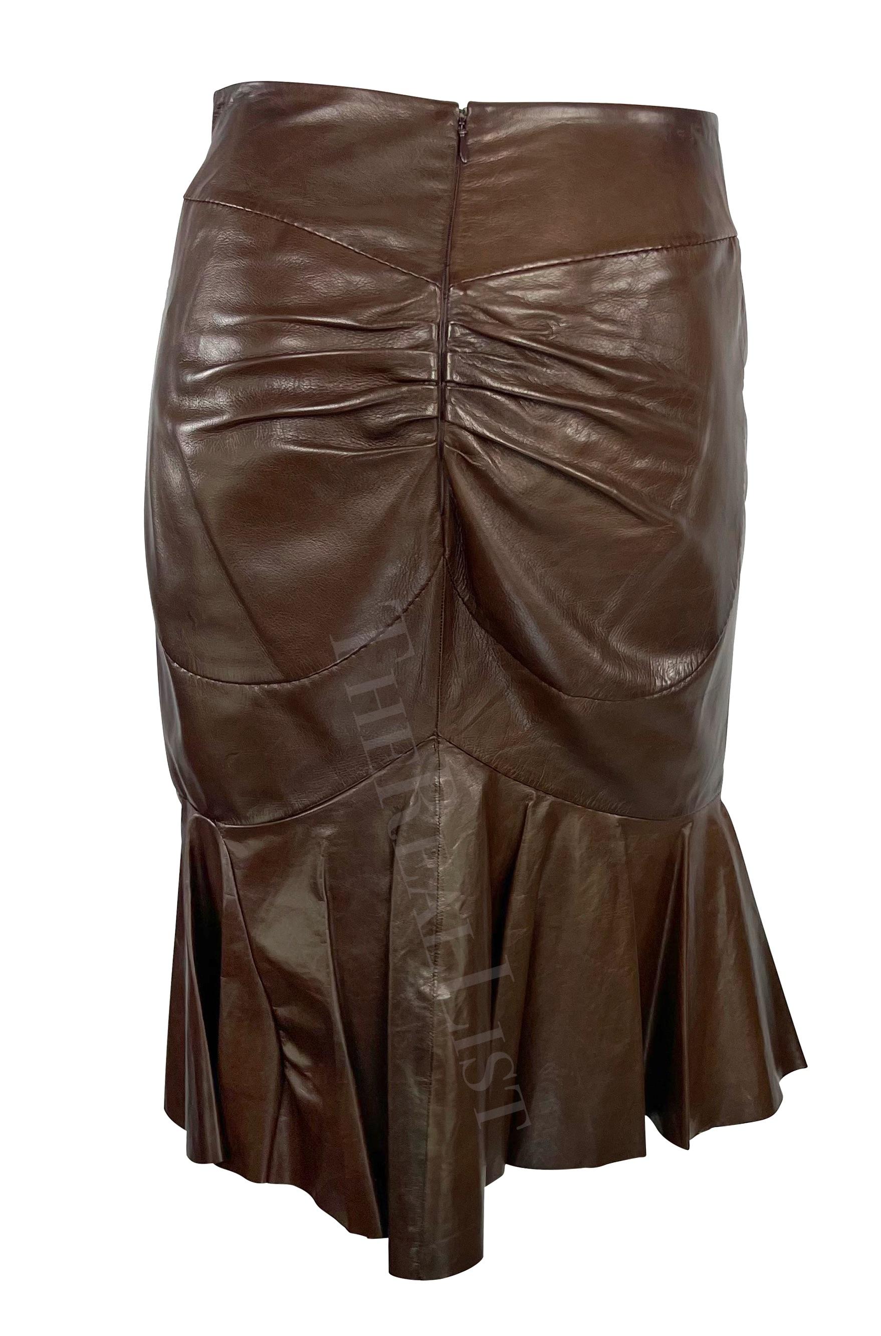 S/S 2003 Yves Saint Laurent by Tom Ford Anatomic Brown Leather Ruffle Skirt For Sale 2