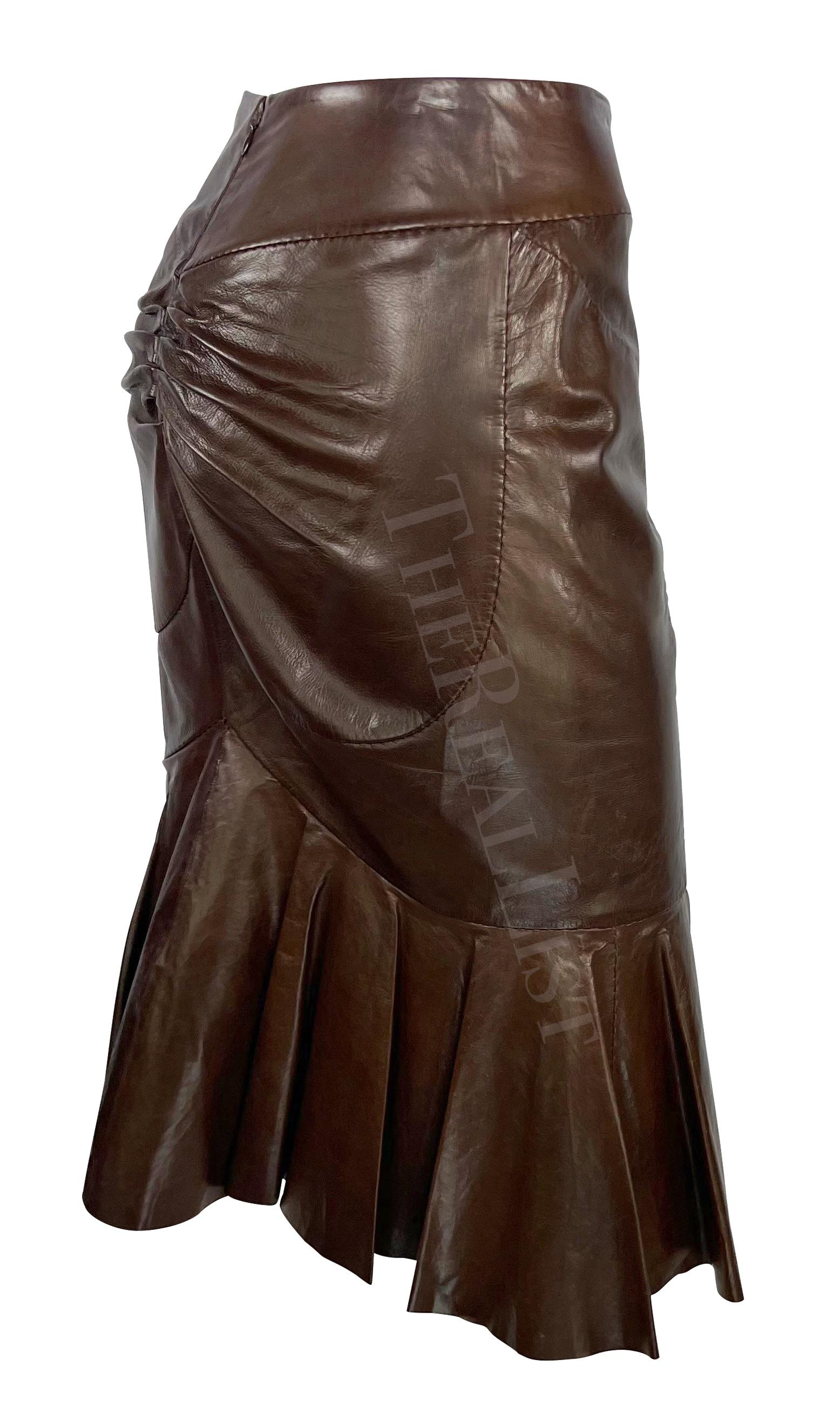 S/S 2003 Yves Saint Laurent by Tom Ford Anatomic Brown Leather Ruffle Skirt For Sale 3