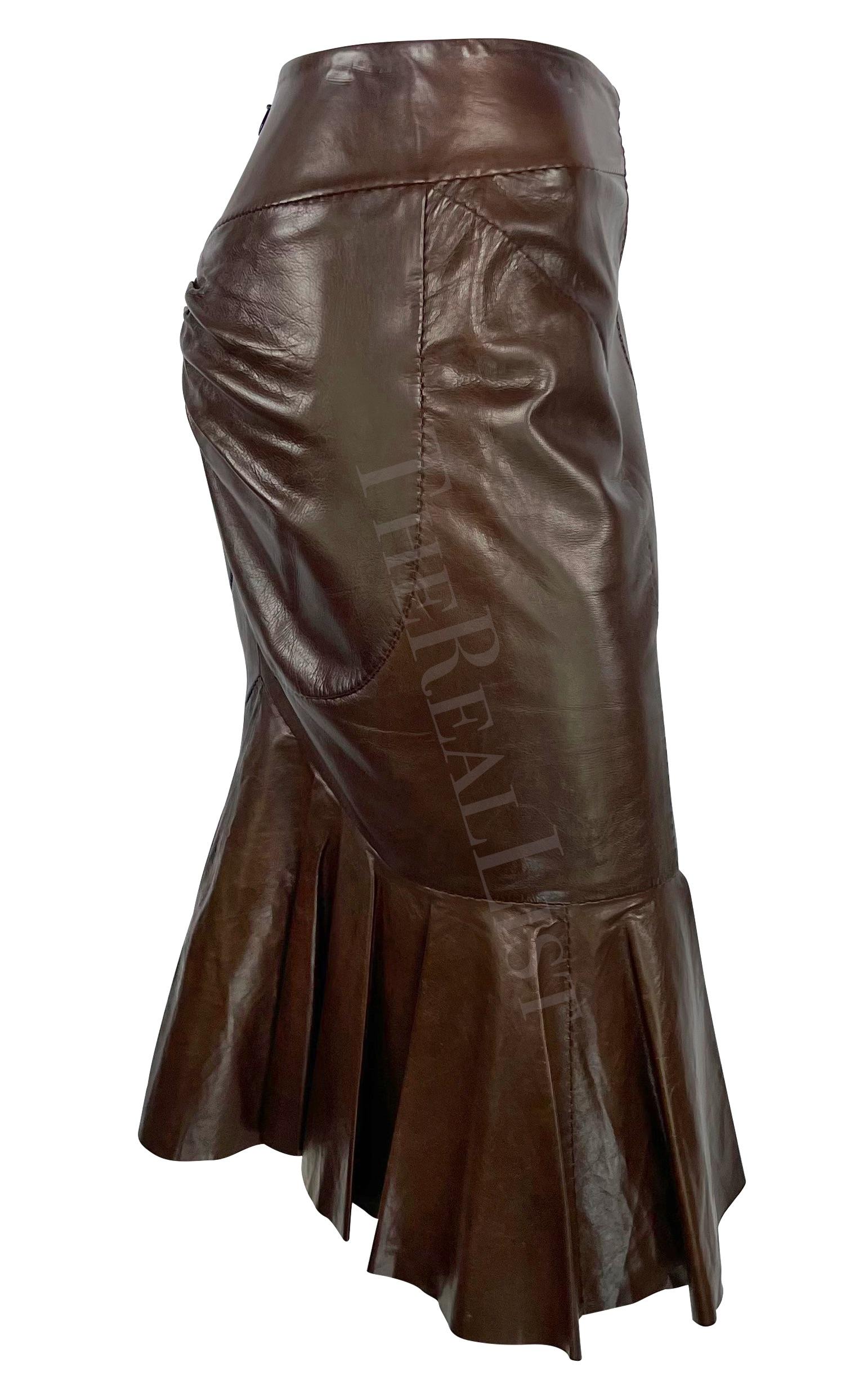 S/S 2003 Yves Saint Laurent by Tom Ford Anatomic Brown Leather Ruffle Skirt For Sale 4