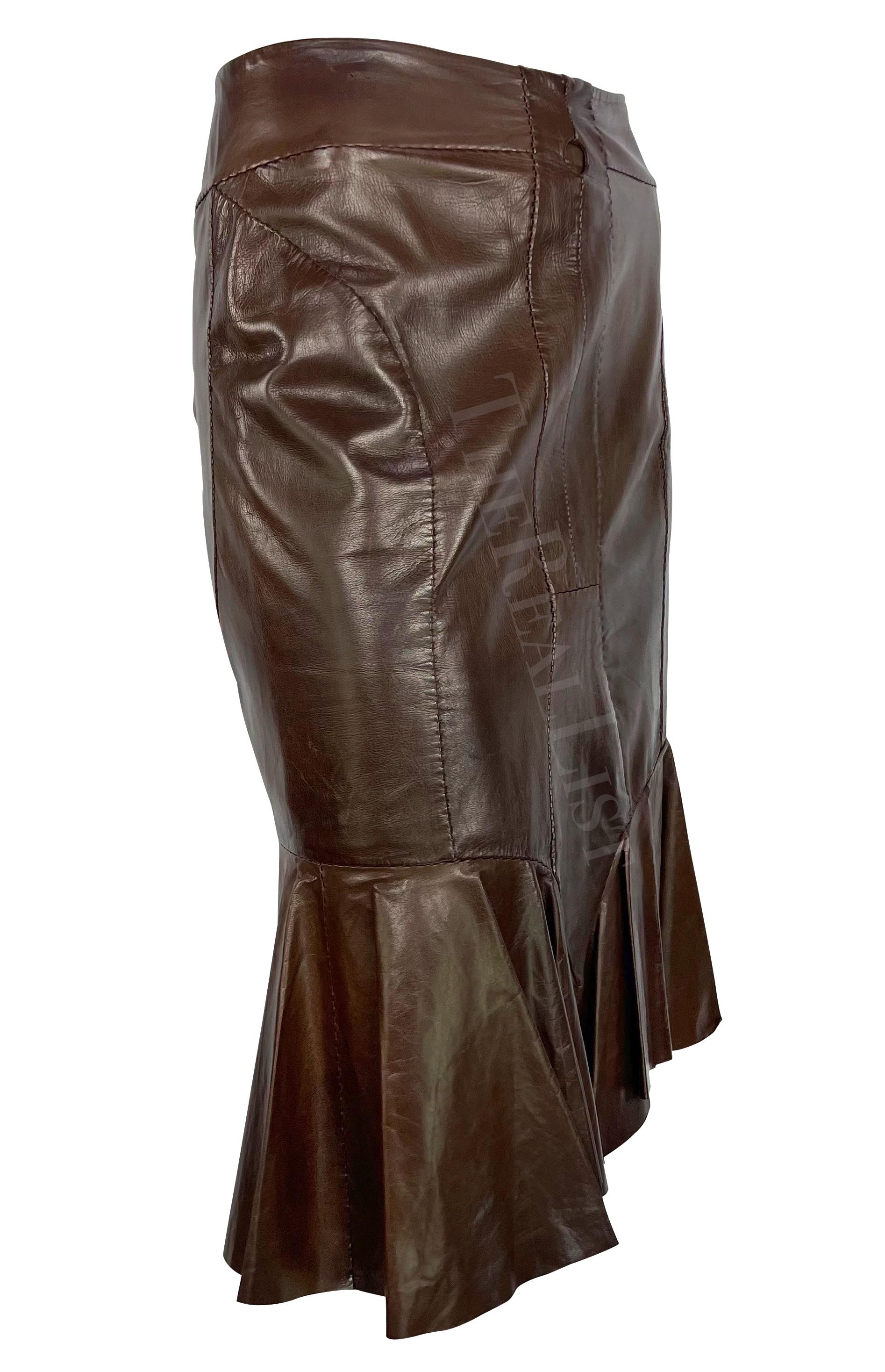 S/S 2003 Yves Saint Laurent by Tom Ford Anatomic Brown Leather Ruffle Skirt For Sale 5