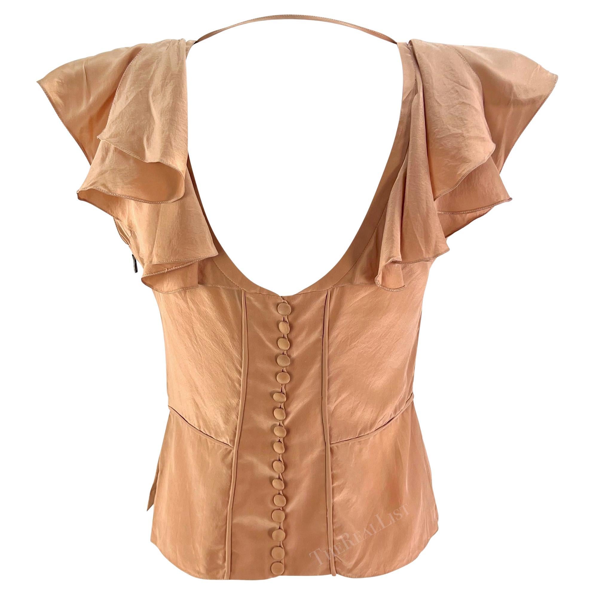 S/S 2003 Yves Saint Laurent by Tom Ford Beige Silk Floral Ruffle Top For Sale 2