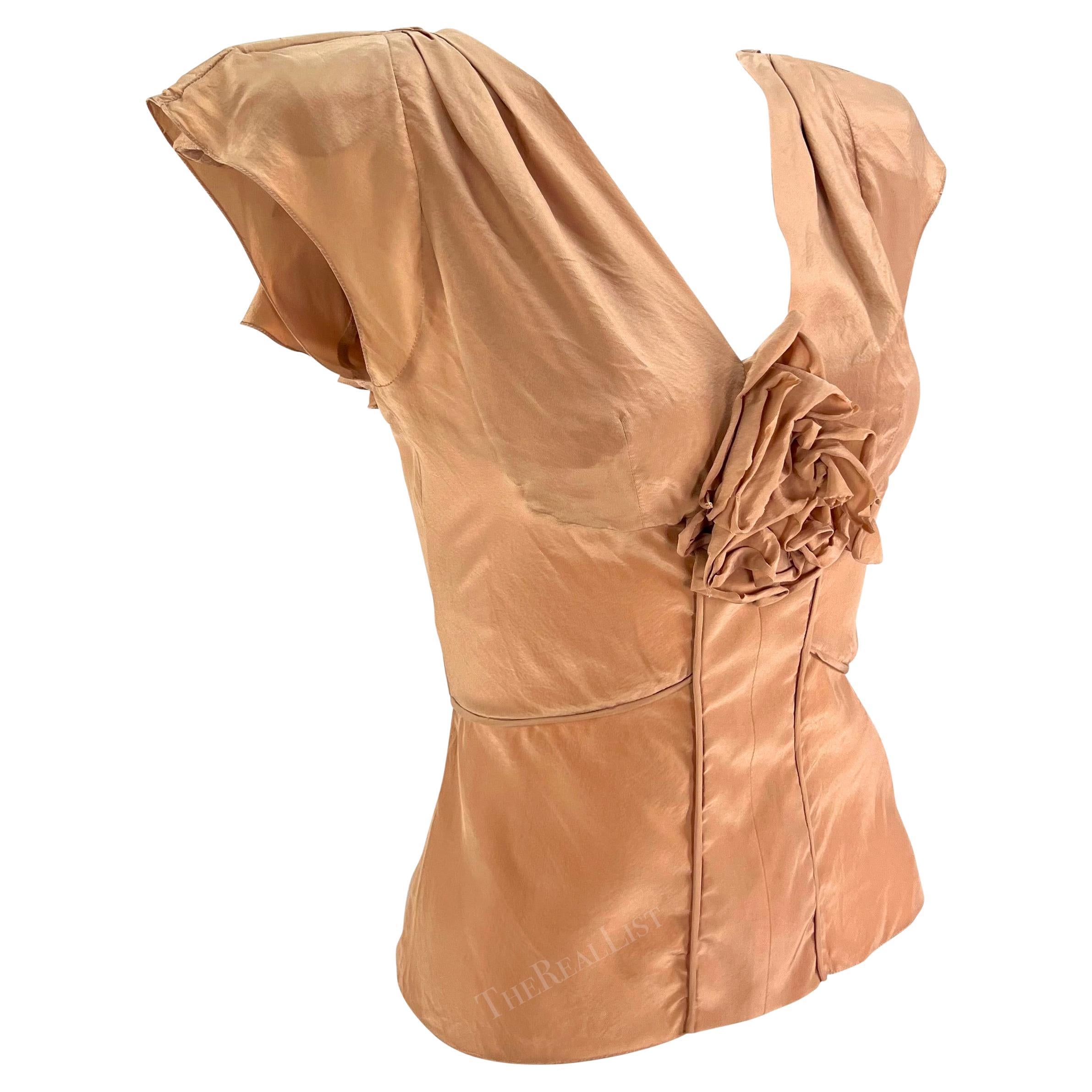 S/S 2003 Yves Saint Laurent by Tom Ford Beige Silk Floral Ruffle Top For Sale 4