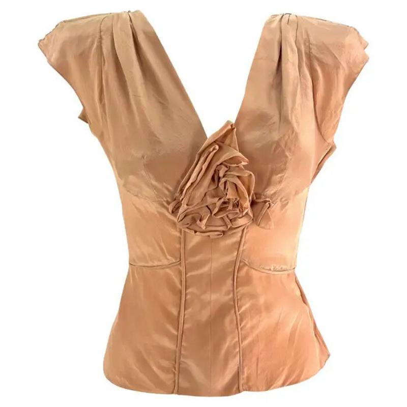 S/S 2003 Yves Saint Laurent by Tom Ford Top con volante floral de seda beige