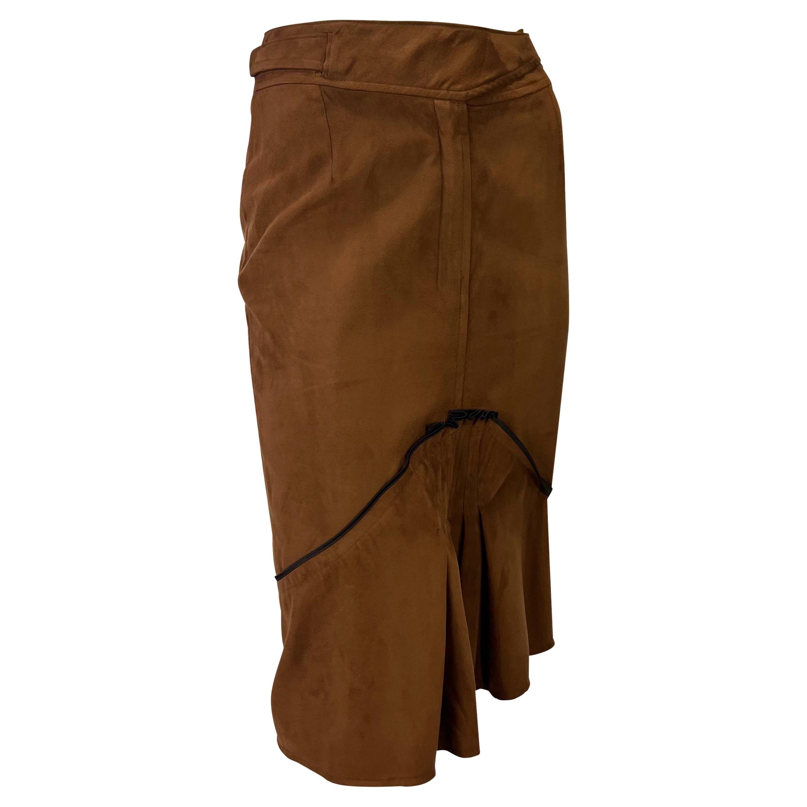 S/S 2003 Yves Saint Laurent by Tom Ford Brown Belted Ruffle Vegan Suede Skirt 1