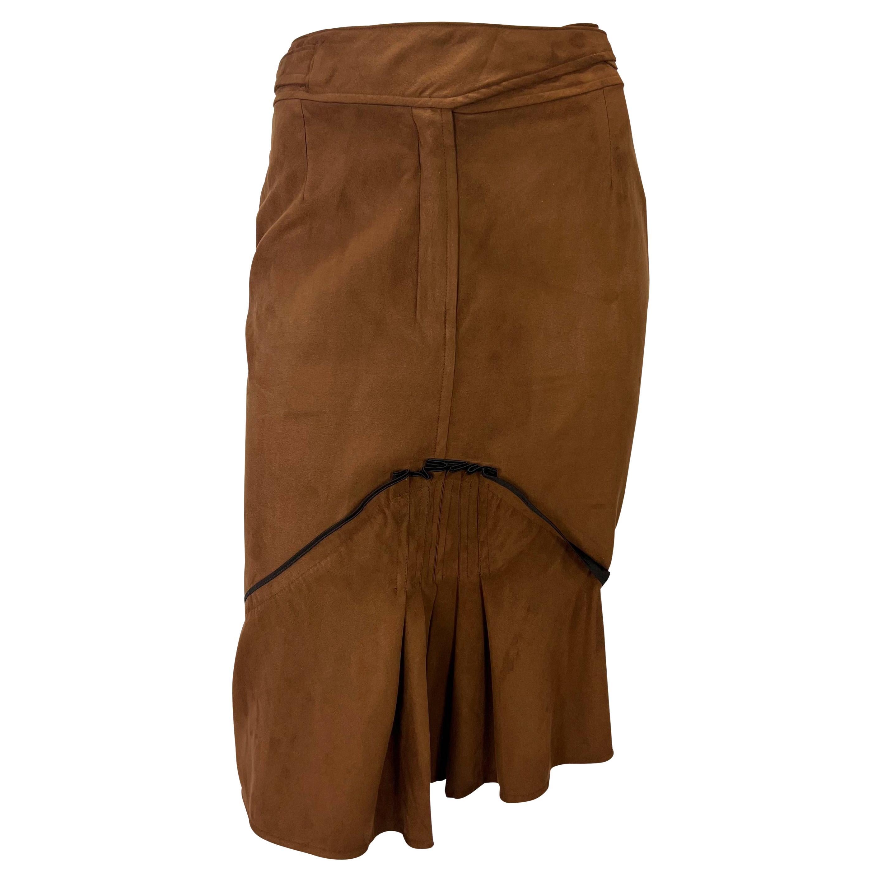 S/S 2003 Yves Saint Laurent by Tom Ford Brown Belted Ruffle Vegan Suede Skirt