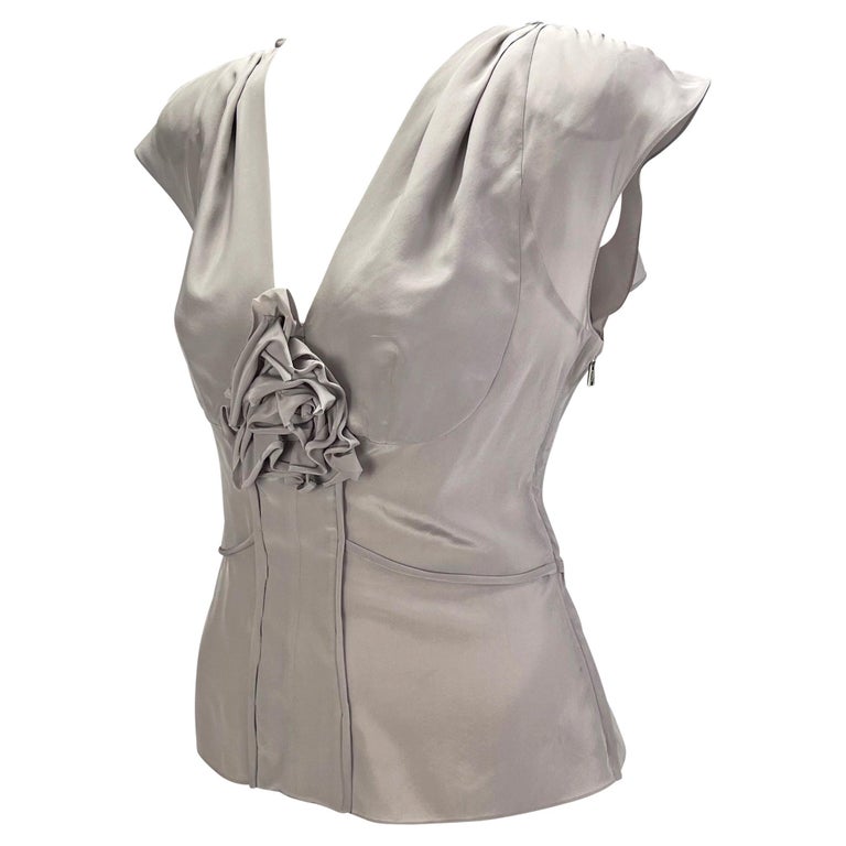 Gray S/S 2003 Yves Saint Laurent by Tom Ford Periwinkle Silk Floral Appliqué Blouse For Sale