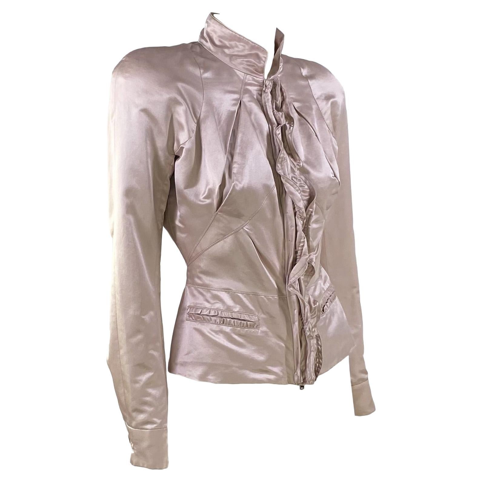 F/S 2003 Yves Saint Laurent by Tom Ford Rosa Blazer aus Baumwolle und Seide mit Rüschen im Zustand „Hervorragend“ im Angebot in West Hollywood, CA