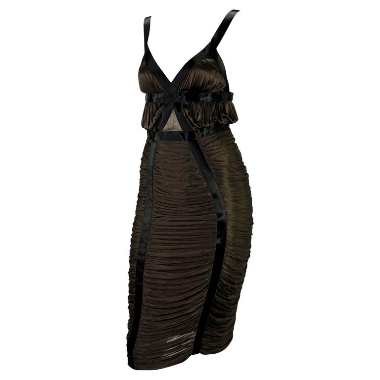 Black S/S 2003 Yves Saint Laurent by Tom Ford Ruched Brown Stretch Viscose Dress For Sale