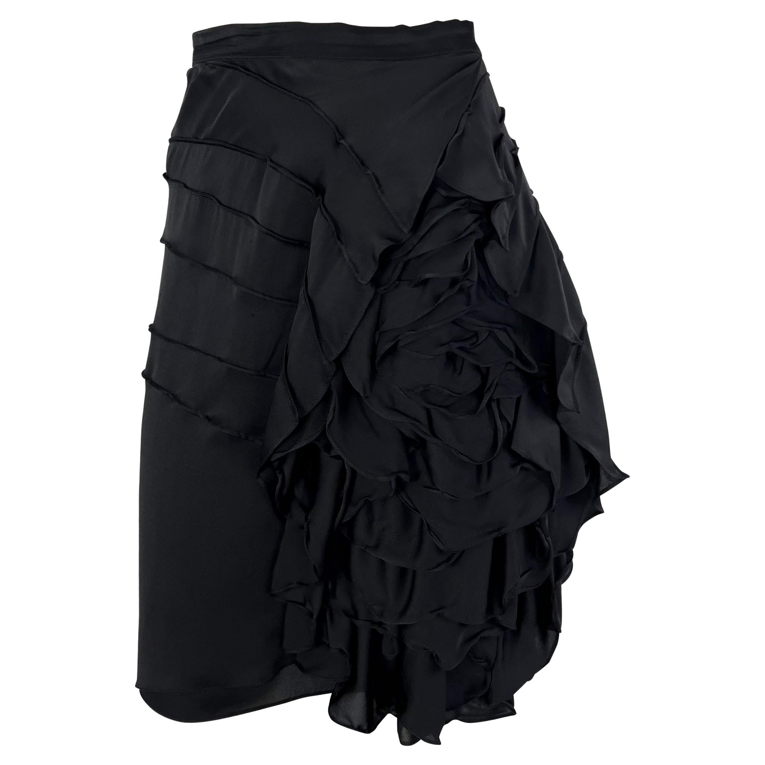 Black S/S 2003 Yves Saint Laurent by Tom Ford Runway Silk Flower Ruffle Accent Skirt For Sale