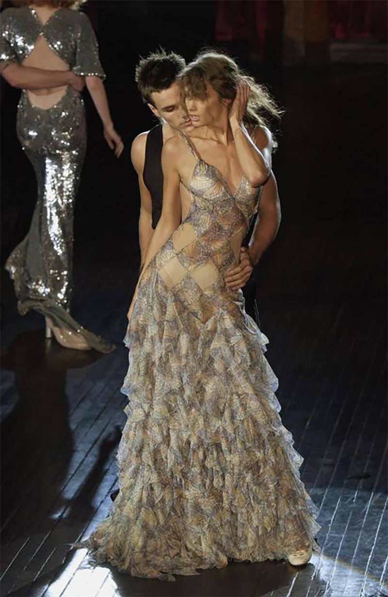S/S 2004 Alexander McQueen stained glass butterfly patterned silk chiffon tank top. Structured bra cups with fitted waist and ruffle flutter hem, with open back. Twisted strap detail. Bust fits approximately B - C cup. Gown version seen on runway. 
