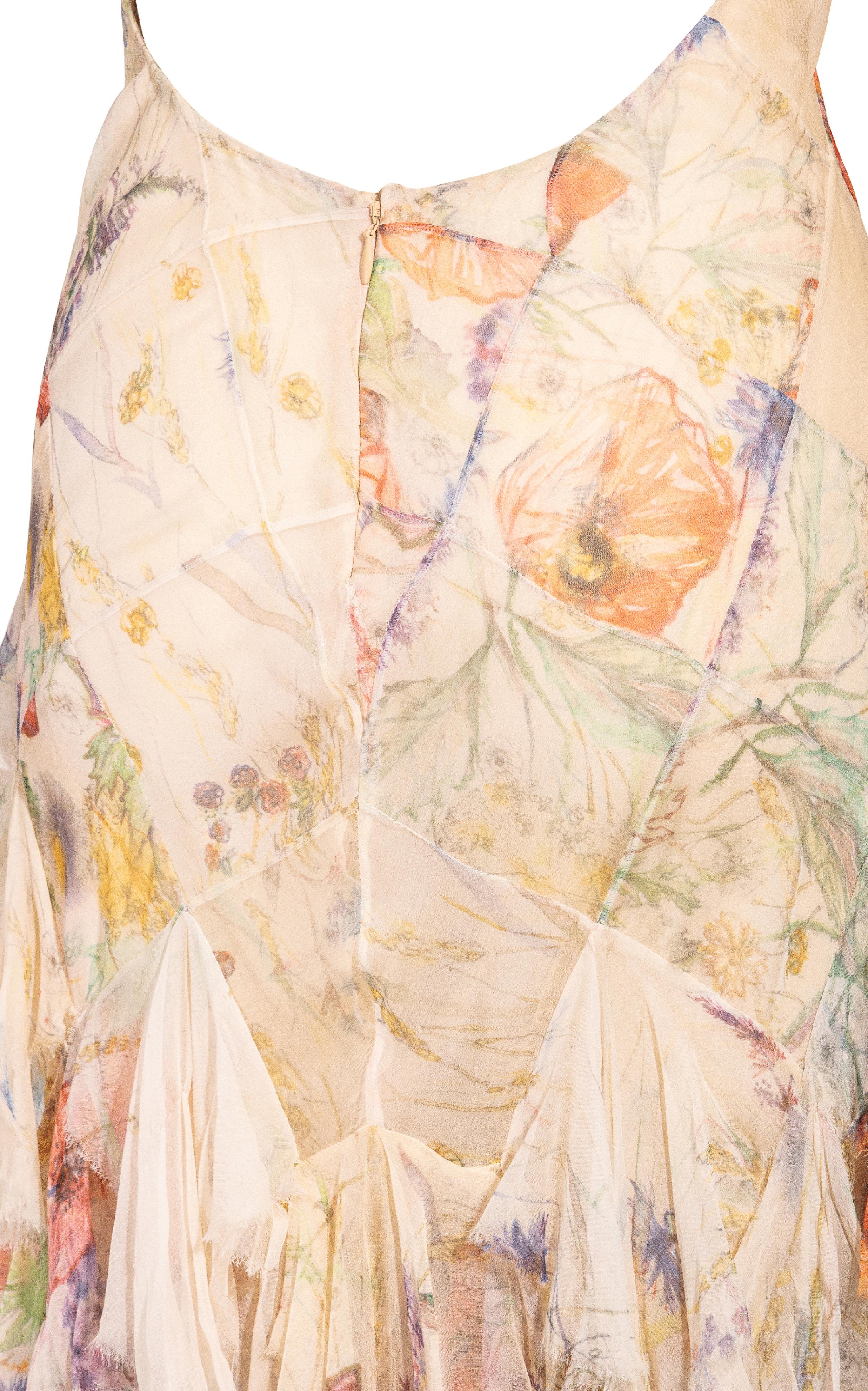 S/S 2004 Alexander McQueen Floral Print Bias Cut Silk Chiffon Flutter Gown 6