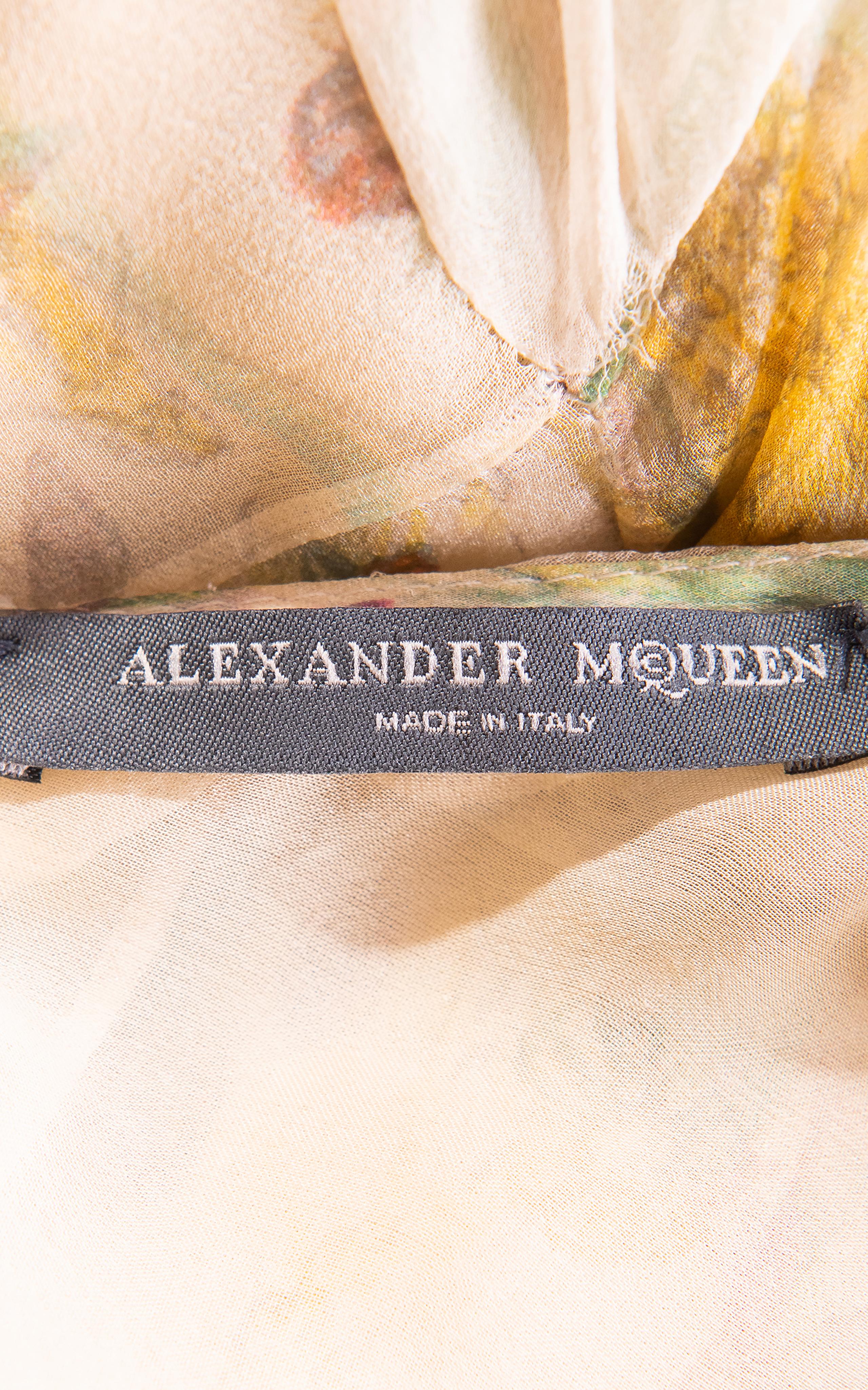S/S 2004 Alexander McQueen Floral Print Bias Cut Silk Chiffon Flutter Gown 7