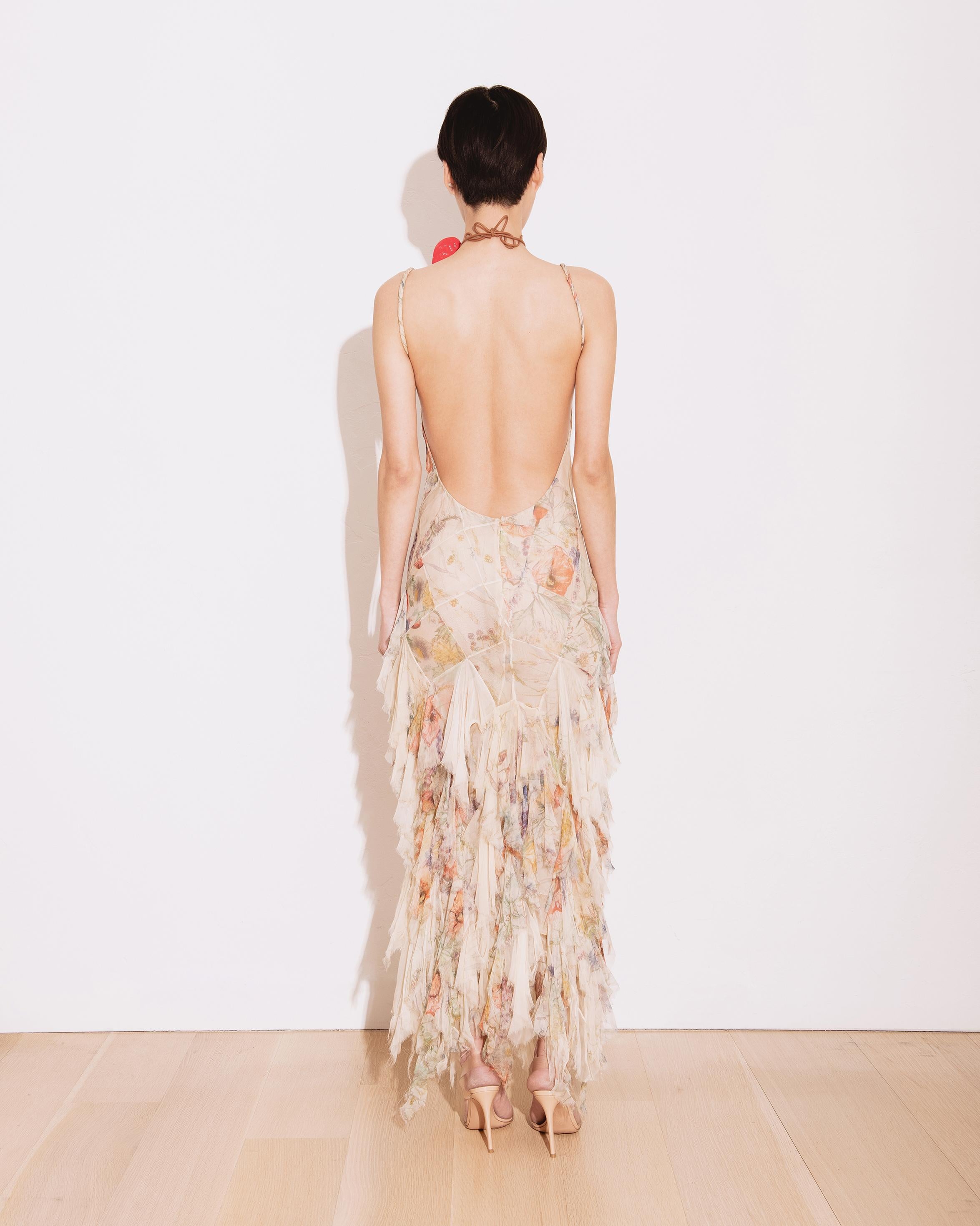 S/S 2004 Alexander McQueen Floral Print Bias Cut Silk Chiffon Flutter Gown 3