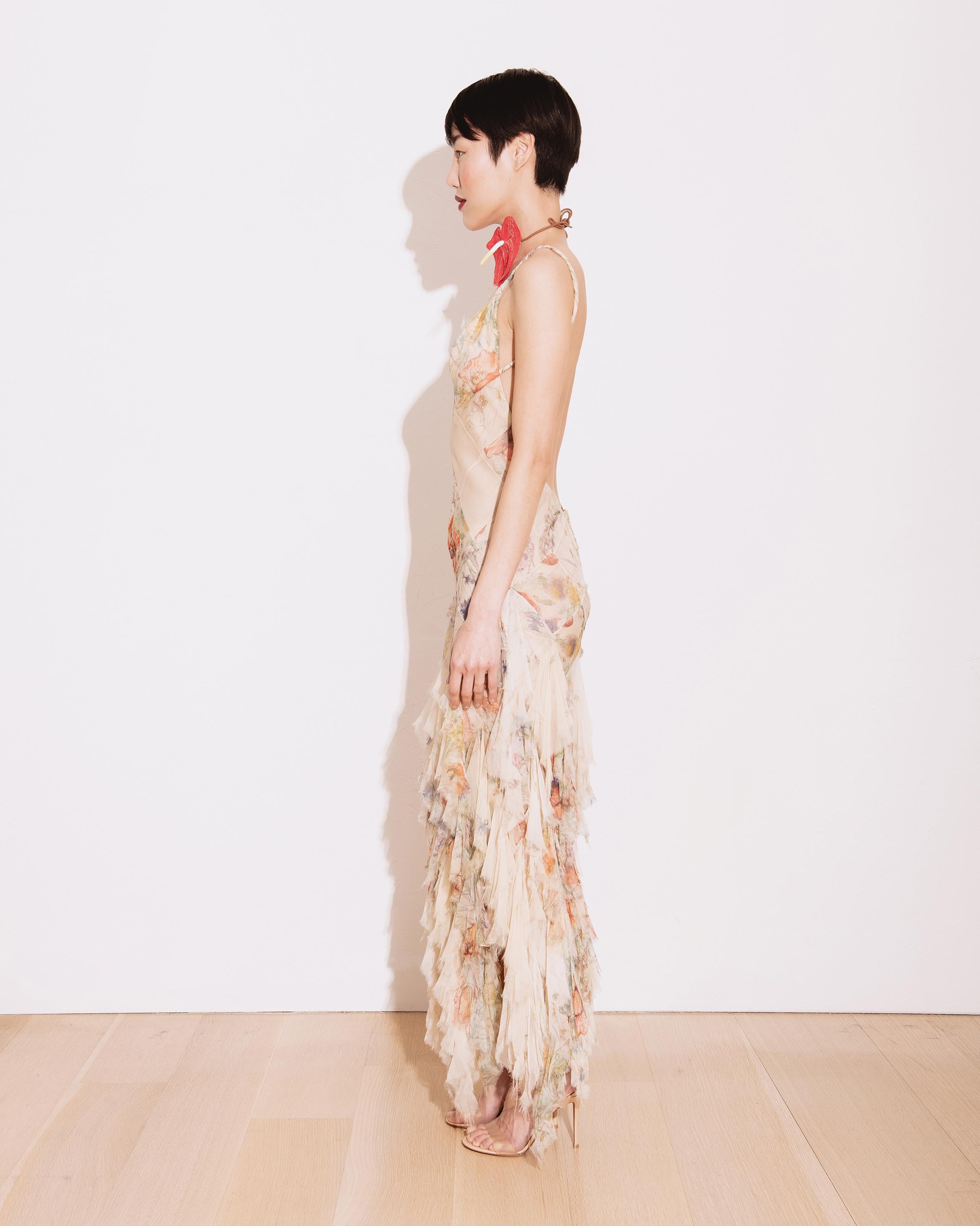 S/S 2004 Alexander McQueen Floral Print Bias Cut Silk Chiffon Flutter Gown 4