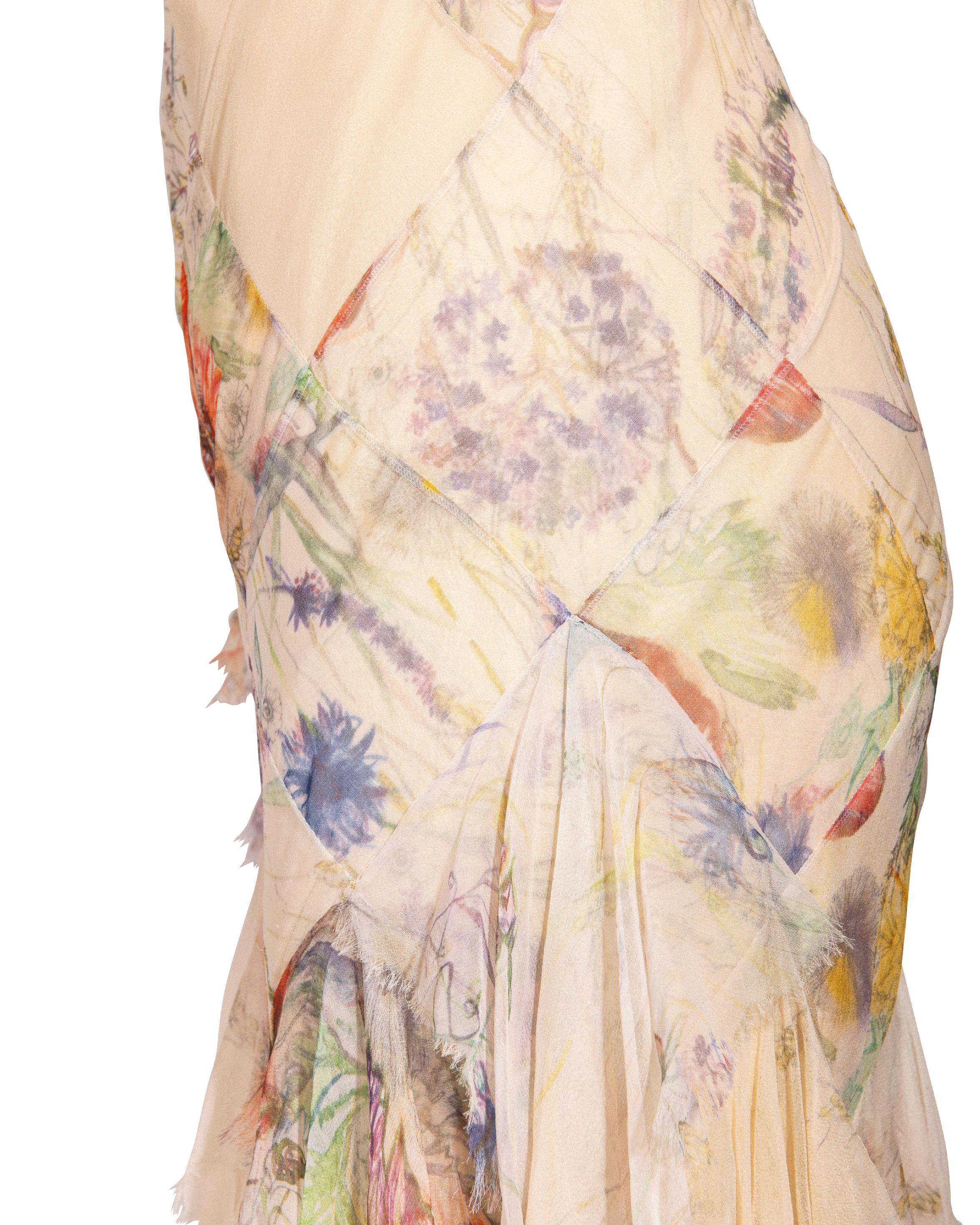 S/S 2004 Alexander McQueen Floral Print Bias Cut Silk Chiffon Flutter Gown 5