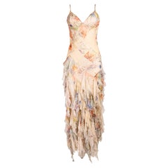 S/S 2004 Alexander McQueen Floral Print Bias Cut Silk Chiffon Flutter Gown