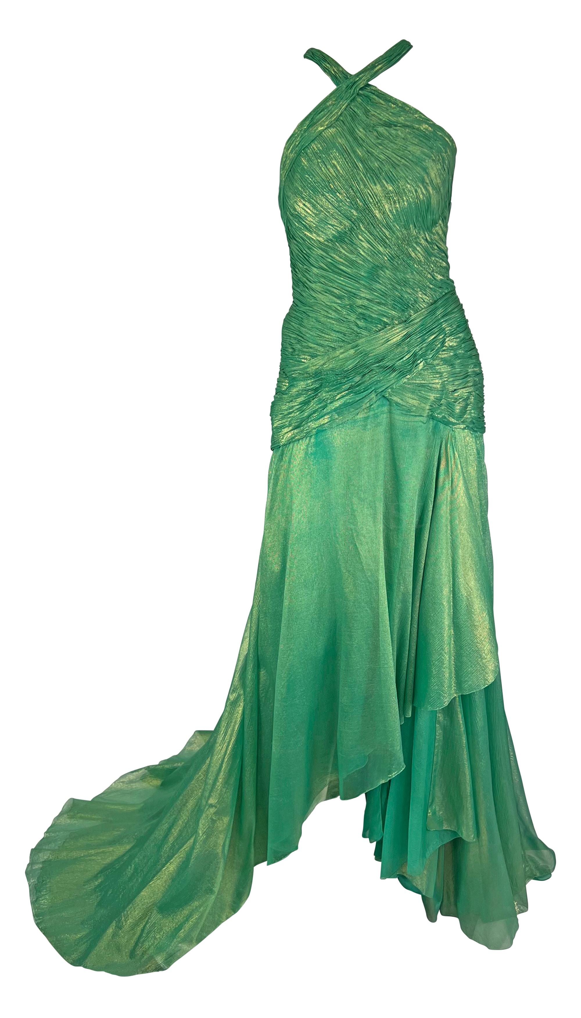 S/S 2004 Atelier Versace by Donatella Metallic Green Halterneck Runway Gown  In Good Condition For Sale In West Hollywood, CA