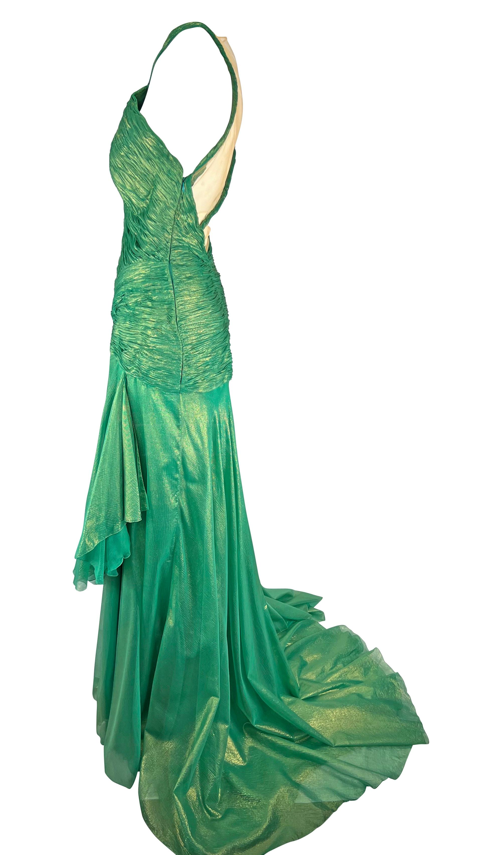 S/S 2004 Atelier Versace by Donatella Metallic Green Halterneck Runway Gown  For Sale 1