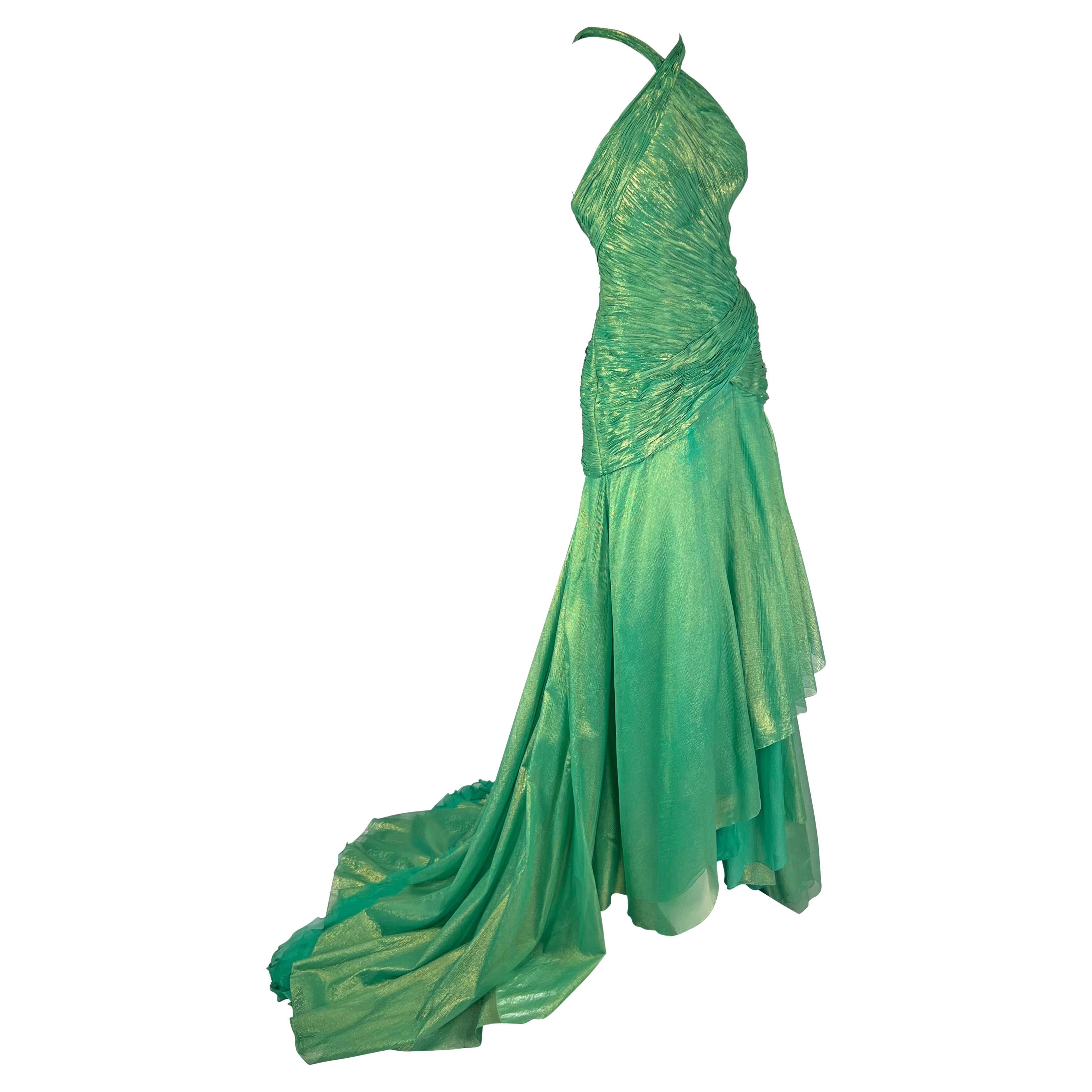 S/S 2004 Atelier Versace by Donatella Metallic Green Halterneck Runway Gown  For Sale